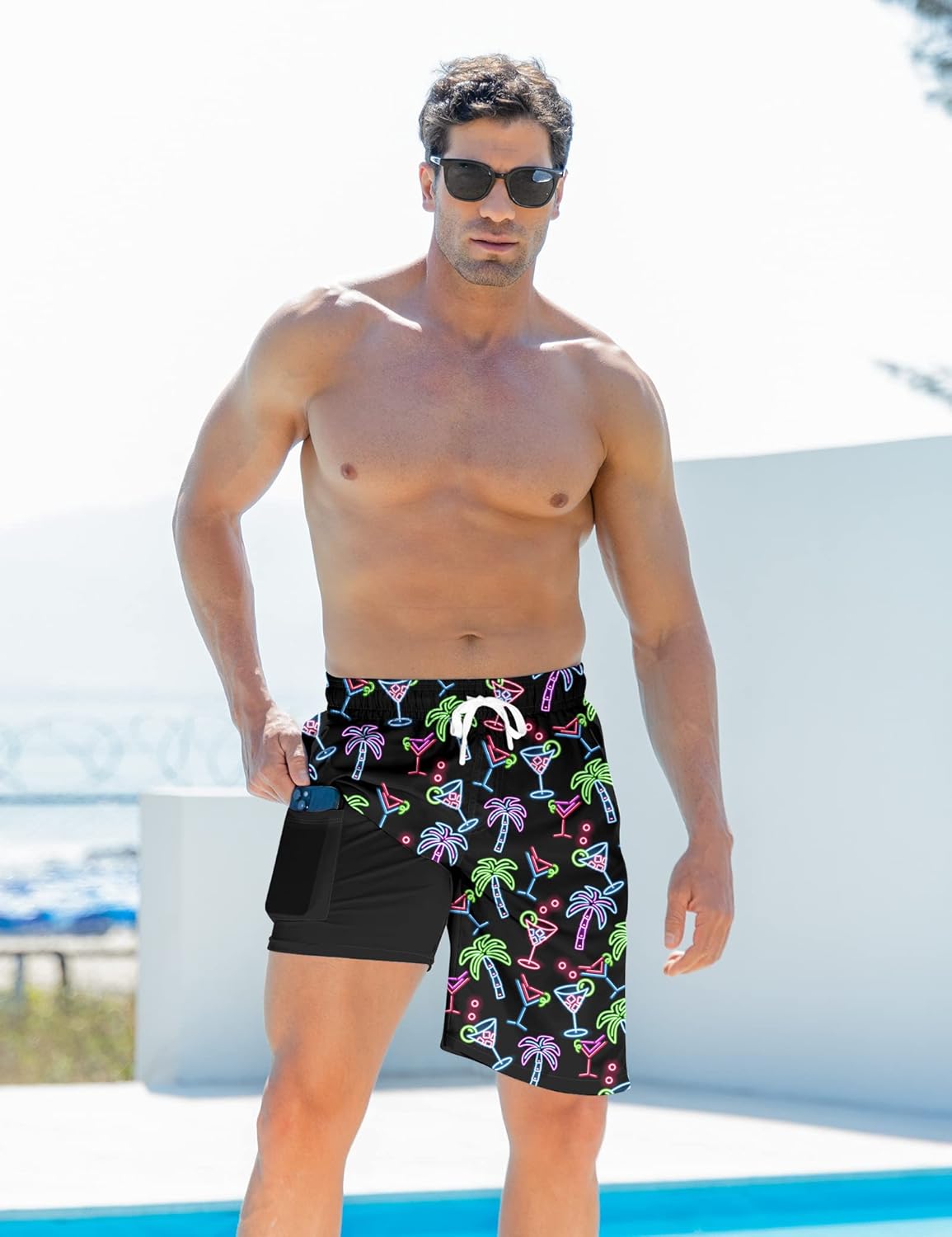Mens Swim Trunks with Compression Liner 9'' Inseam Quick Dry Swimsuit Shorts - Picture 64 of 155