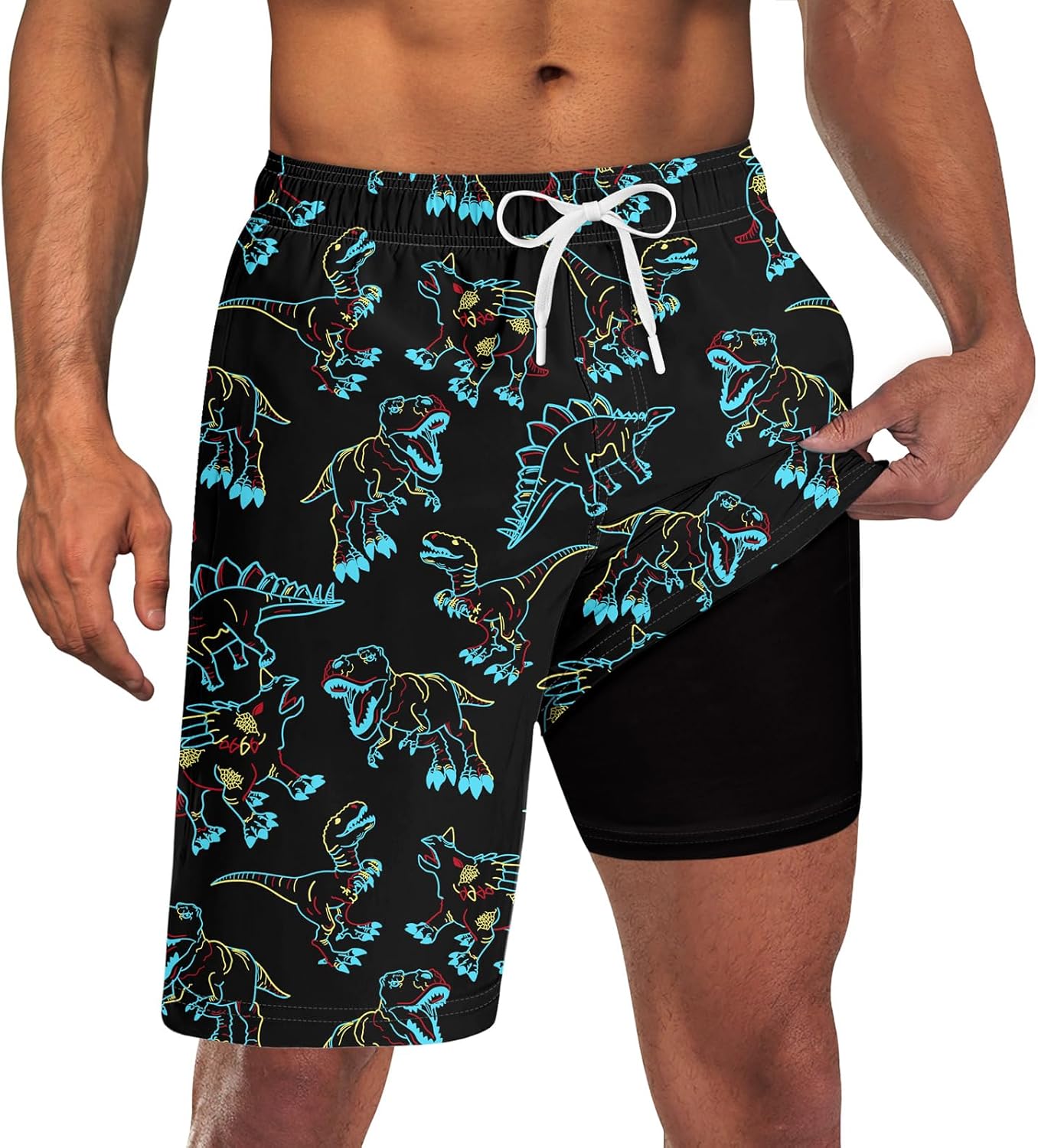 Mens Swim Trunks with Compression Liner 9'' Inseam Quick Dry Swimsuit Shorts - Picture 65 of 155
