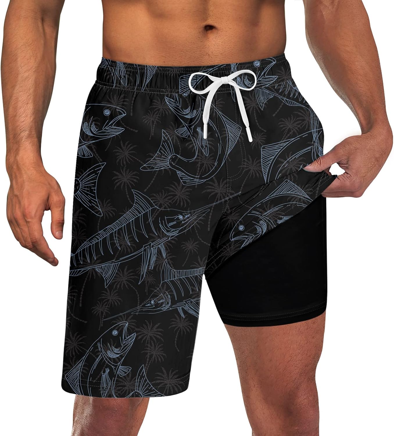 Mens Swim Trunks with Compression Liner 9'' Inseam Quick Dry Swimsuit Shorts - Picture 68 of 155