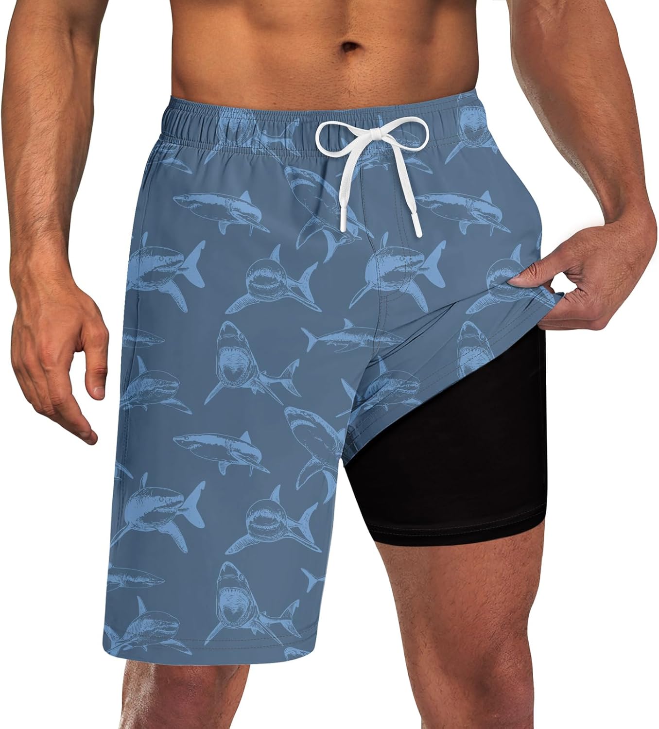 Mens Swim Trunks with Compression Liner 9'' Inseam Quick Dry Swimsuit Shorts - Picture 77 of 155