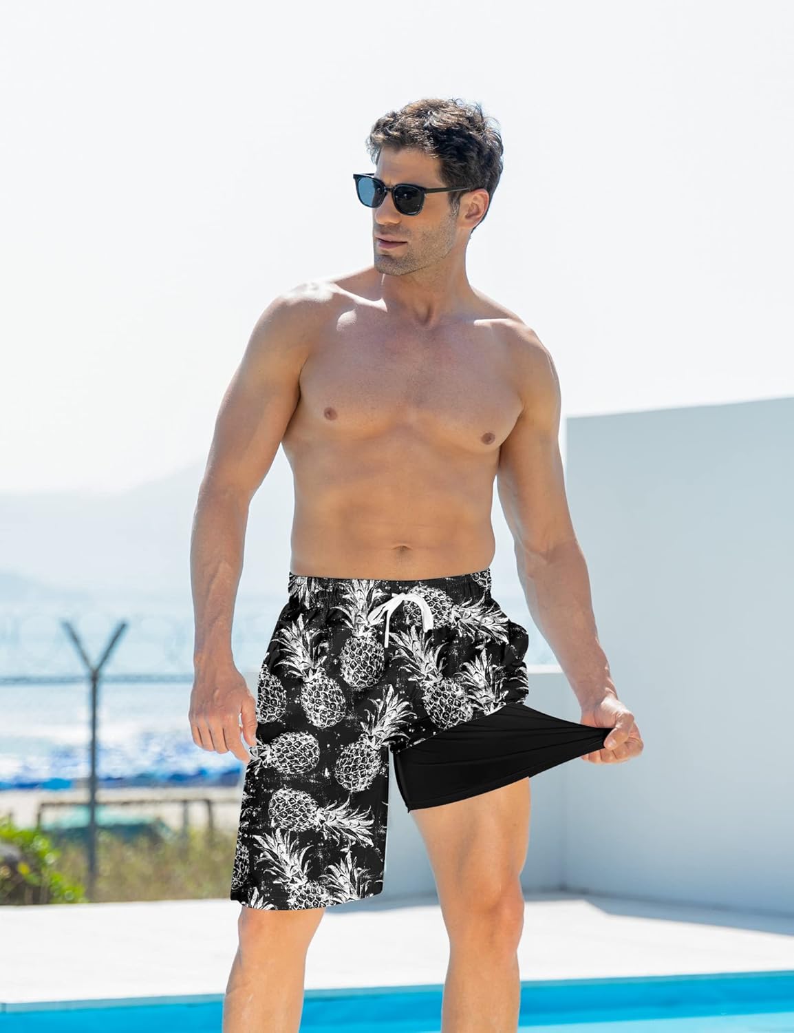 Mens Swim Trunks with Compression Liner 9'' Inseam Quick Dry Swimsuit Shorts - Picture 83 of 155