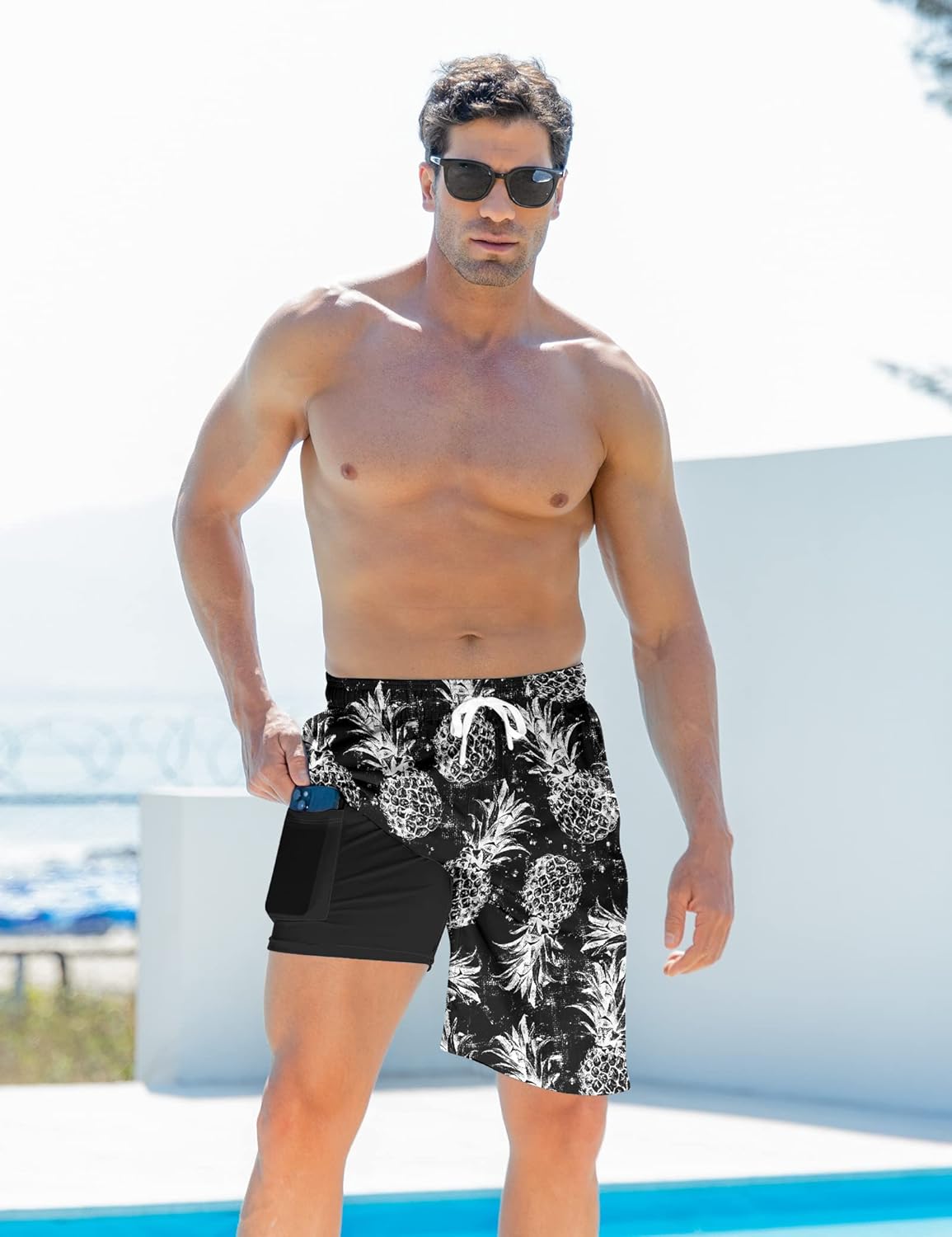 Mens Swim Trunks with Compression Liner 9'' Inseam Quick Dry Swimsuit Shorts - Picture 84 of 155