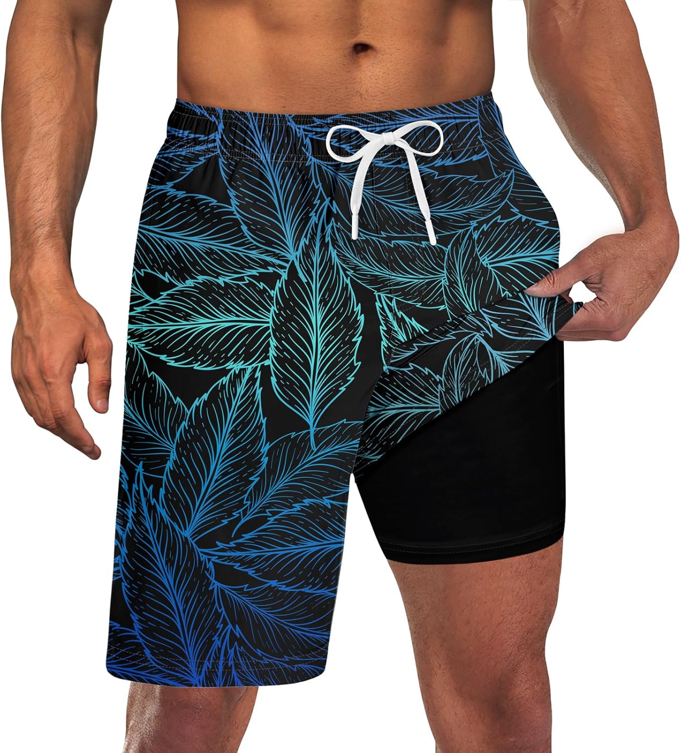 Mens Swim Trunks with Compression Liner 9'' Inseam Quick Dry Swimsuit Shorts - Picture 85 of 155