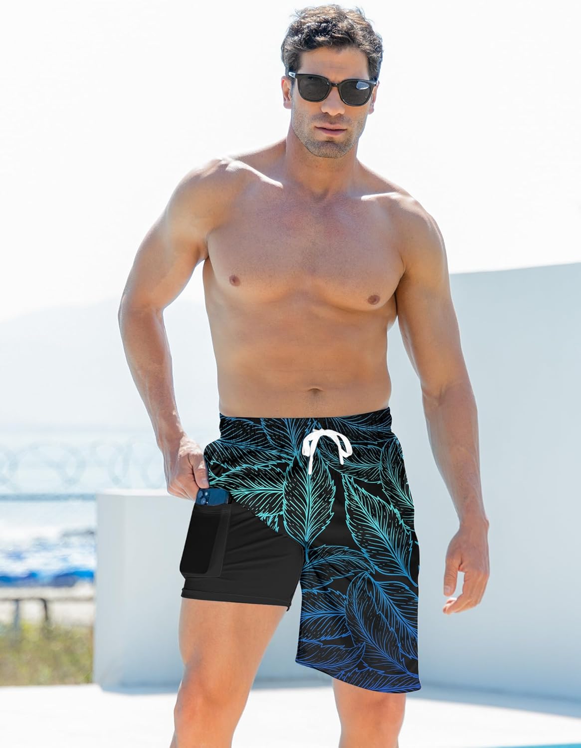 Mens Swim Trunks with Compression Liner 9'' Inseam Quick Dry Swimsuit Shorts - Picture 87 of 155