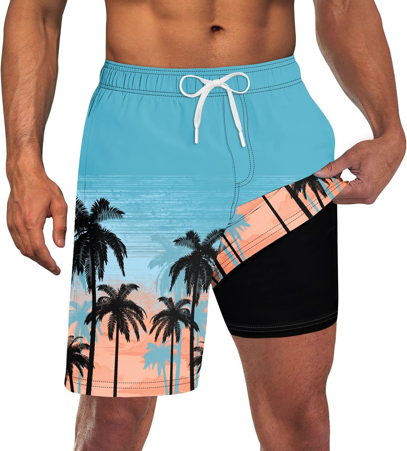 Mens Swim Trunks with Compression Liner 9'' Inseam Quick Dry Swimsuit Shorts - Picture 89 of 155