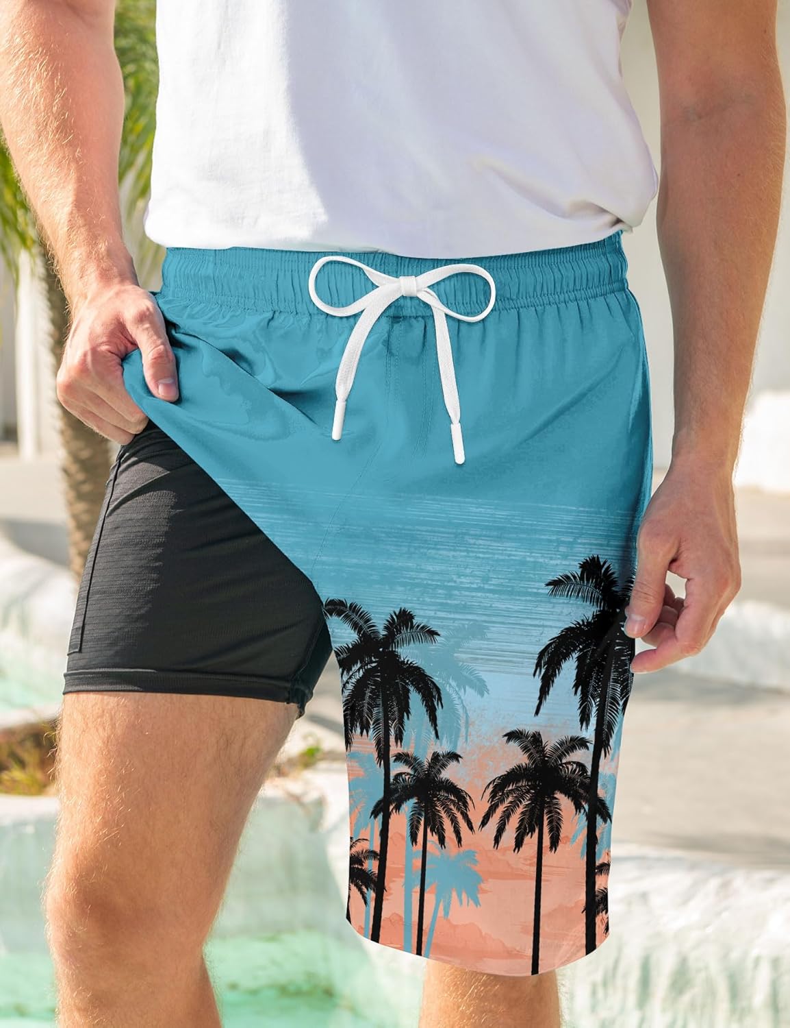 Mens Swim Trunks with Compression Liner 9'' Inseam Quick Dry Swimsuit Shorts - Picture 91 of 155