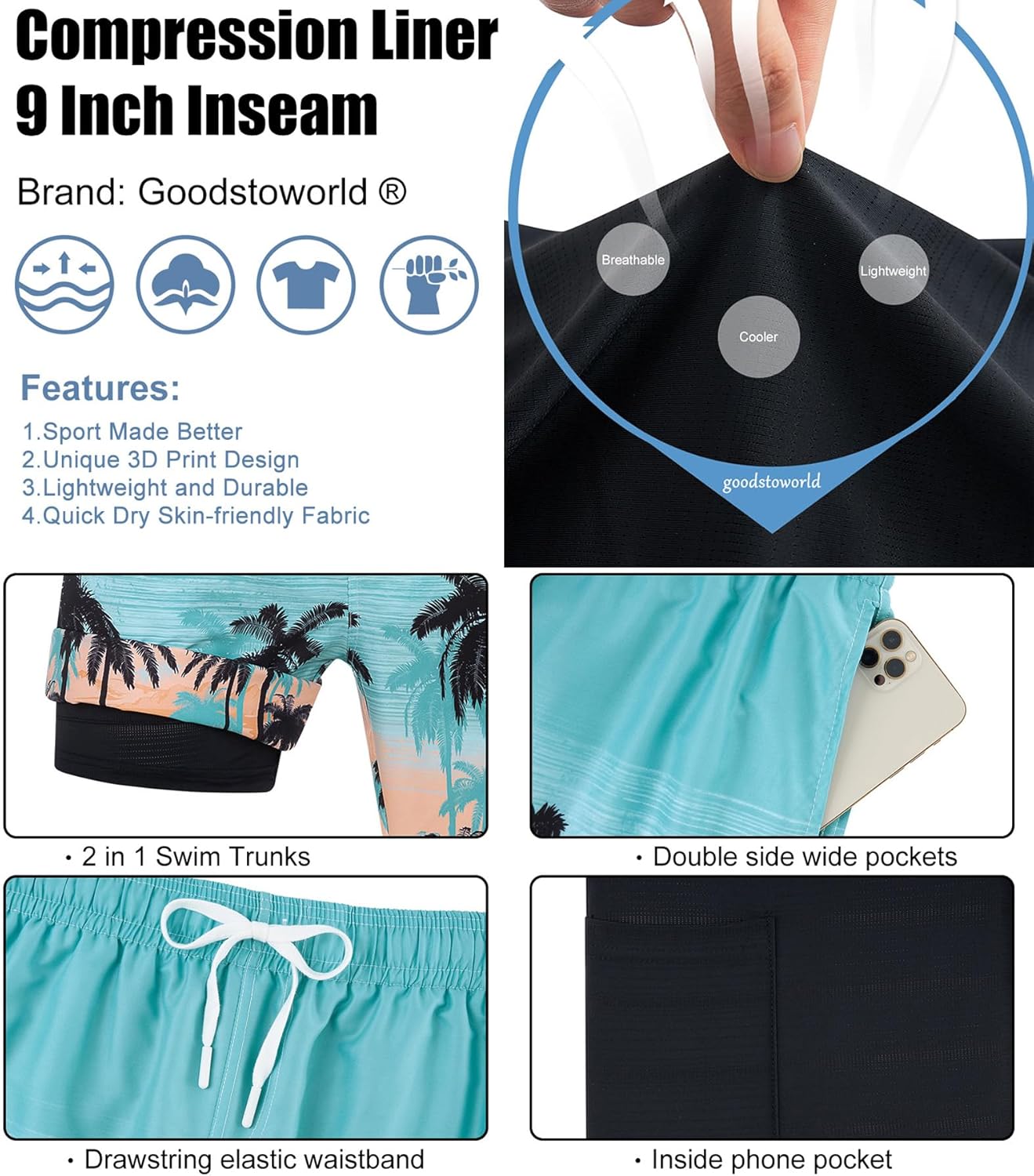 Mens Swim Trunks with Compression Liner 9'' Inseam Quick Dry Swimsuit Shorts - Picture 94 of 155