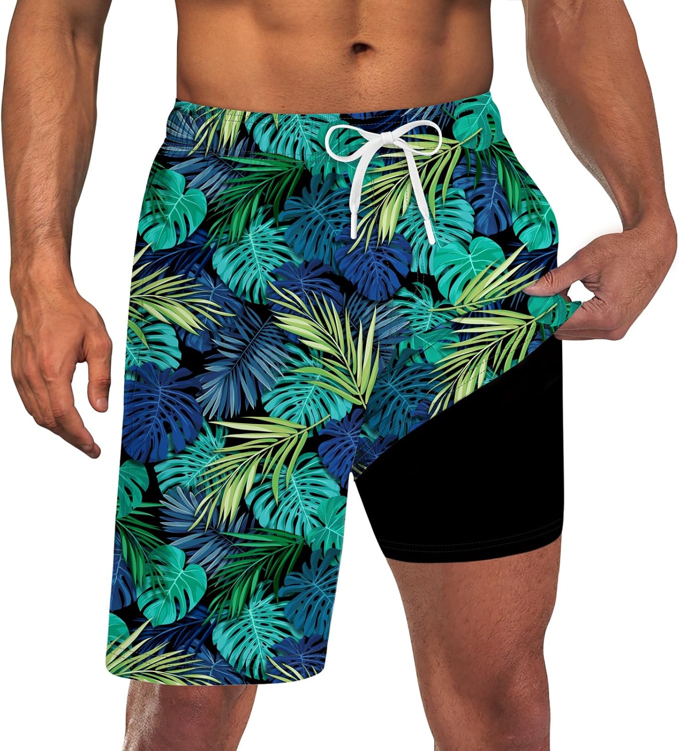 Mens Swim Trunks with Compression Liner 9'' Inseam Quick Dry Swimsuit Shorts - Picture 95 of 155