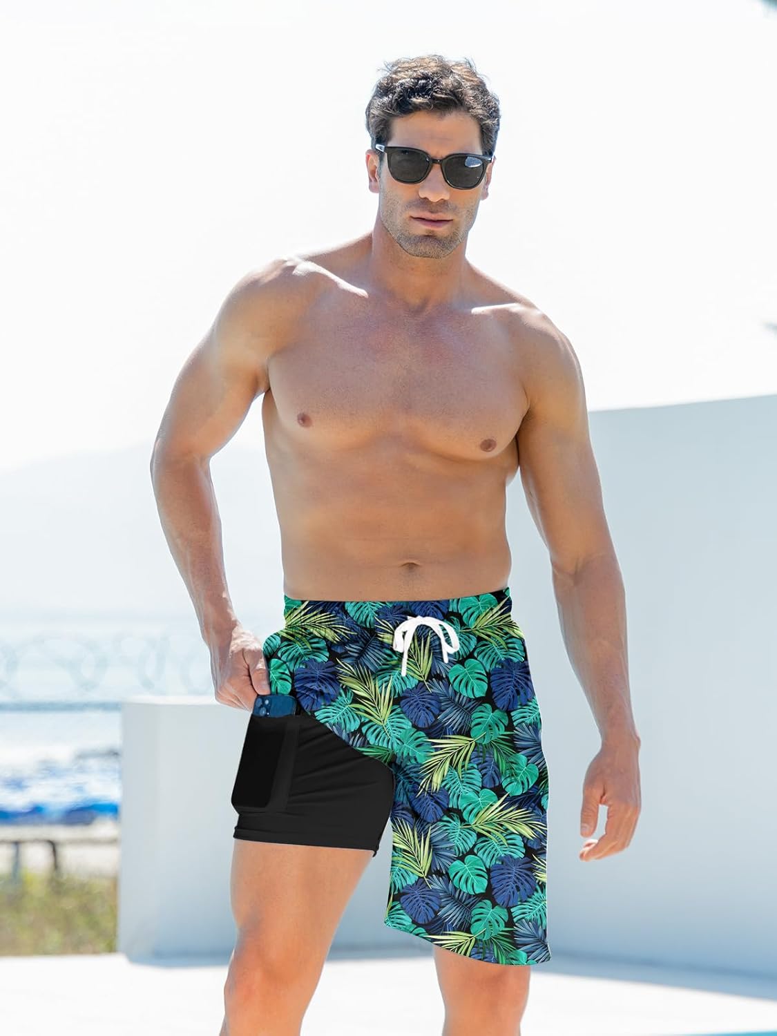 Mens Swim Trunks with Compression Liner 9'' Inseam Quick Dry Swimsuit Shorts - Picture 96 of 155