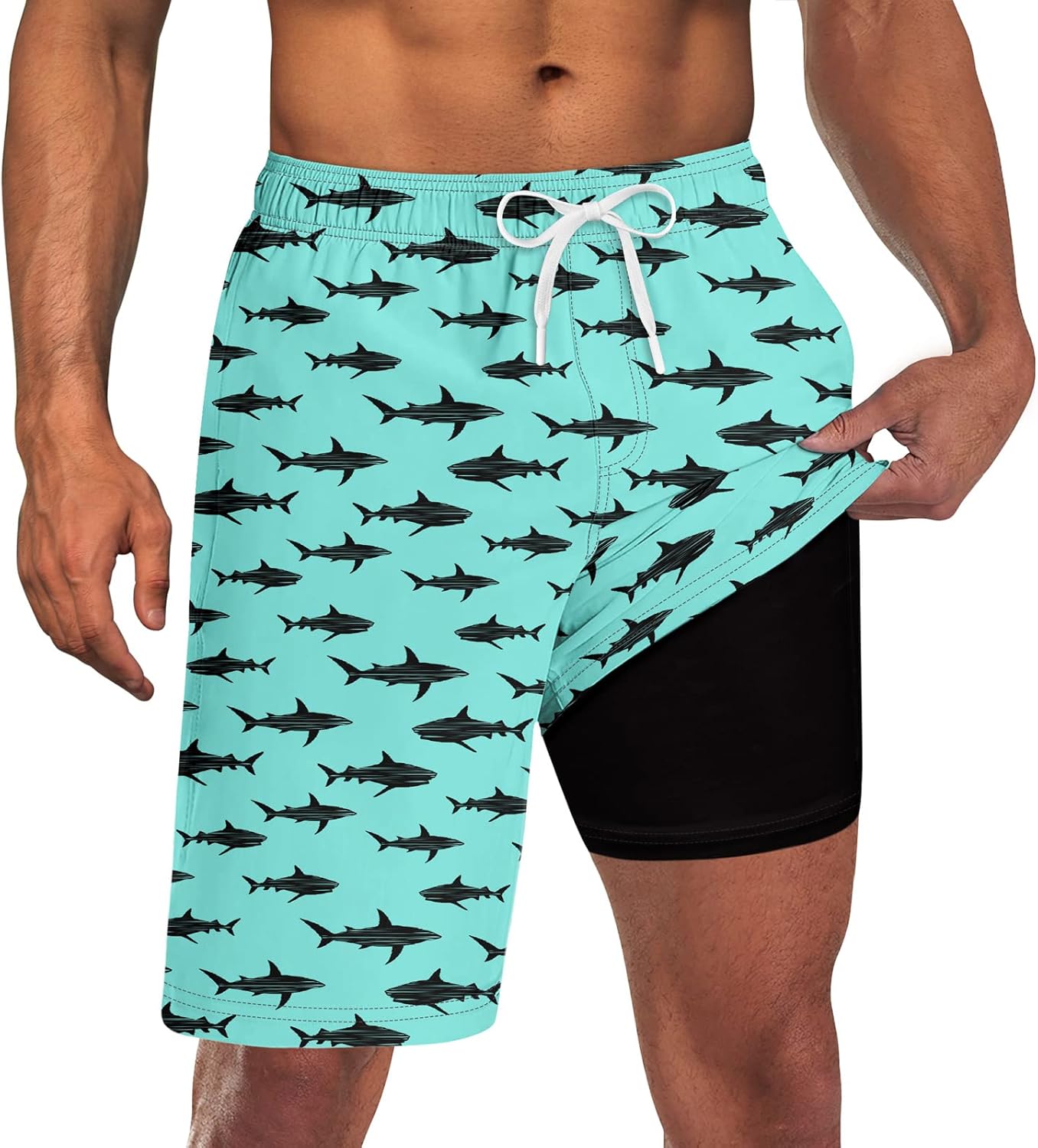 Mens Swim Trunks with Compression Liner 9'' Inseam Quick Dry Swimsuit Shorts - Picture 111 of 155