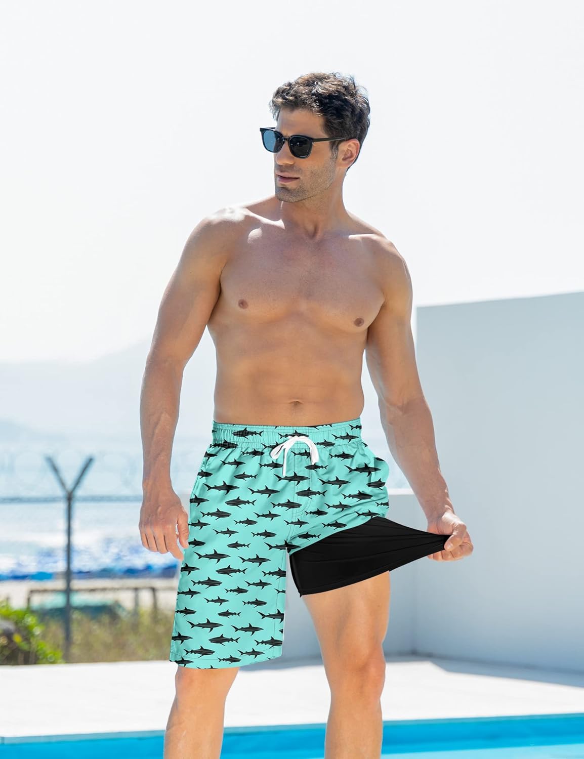 Mens Swim Trunks with Compression Liner 9'' Inseam Quick Dry Swimsuit Shorts - Picture 113 of 155