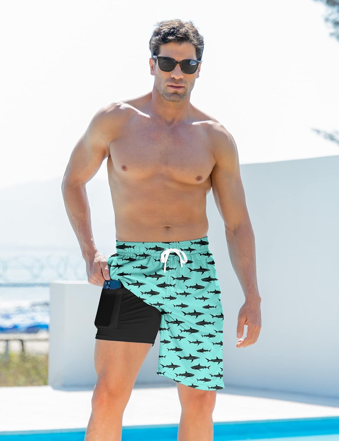 Mens Swim Trunks with Compression Liner 9'' Inseam Quick Dry Swimsuit Shorts - Picture 114 of 155