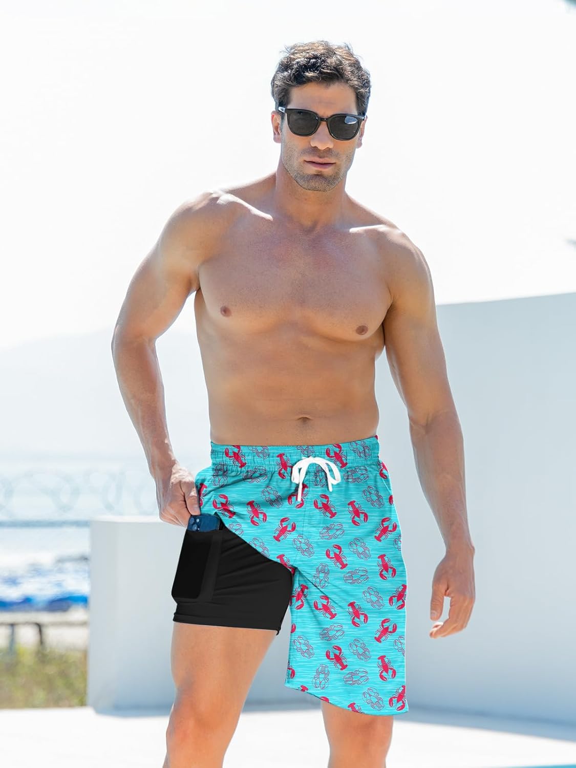 Mens Swim Trunks with Compression Liner 9'' Inseam Quick Dry Swimsuit Shorts - Picture 116 of 155