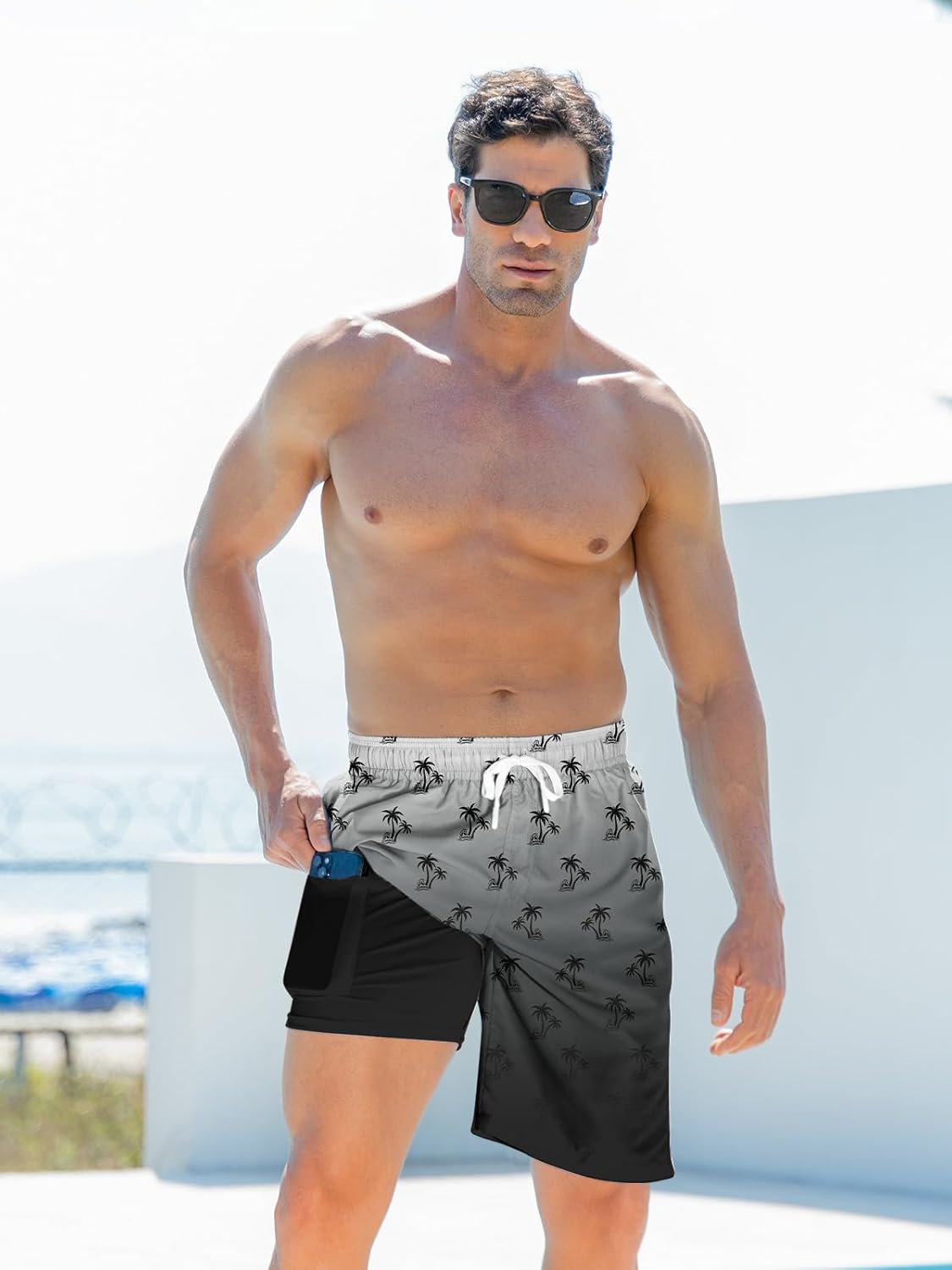 Mens Swim Trunks with Compression Liner 9'' Inseam Quick Dry Swimsuit Shorts - Picture 126 of 155