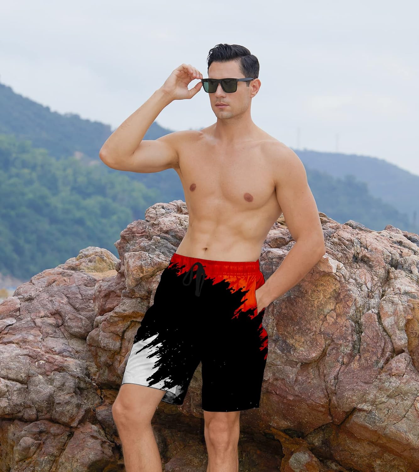 Herren Badehose schnelltrocknend Boardshorts Badeanzug mit Taschen Netzfutter - Bild 54 von 85
