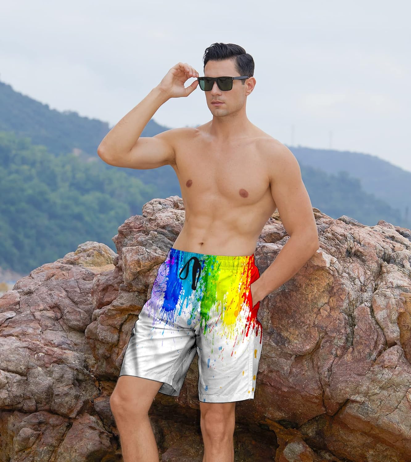Herren Badehose schnelltrocknend Boardshorts Badeanzug mit Taschen Netzfutter - Bild 58 von 85