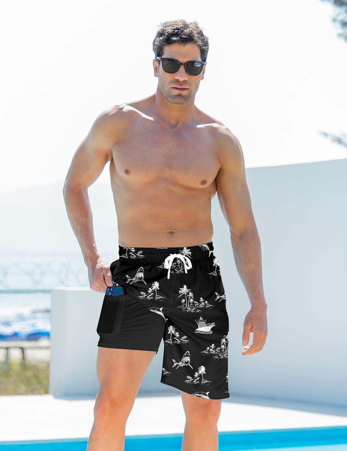 Mens Swim Trunks with Compression Liner 9'' Inseam Quick Dry Swimsuit Shorts - Picture 142 of 155