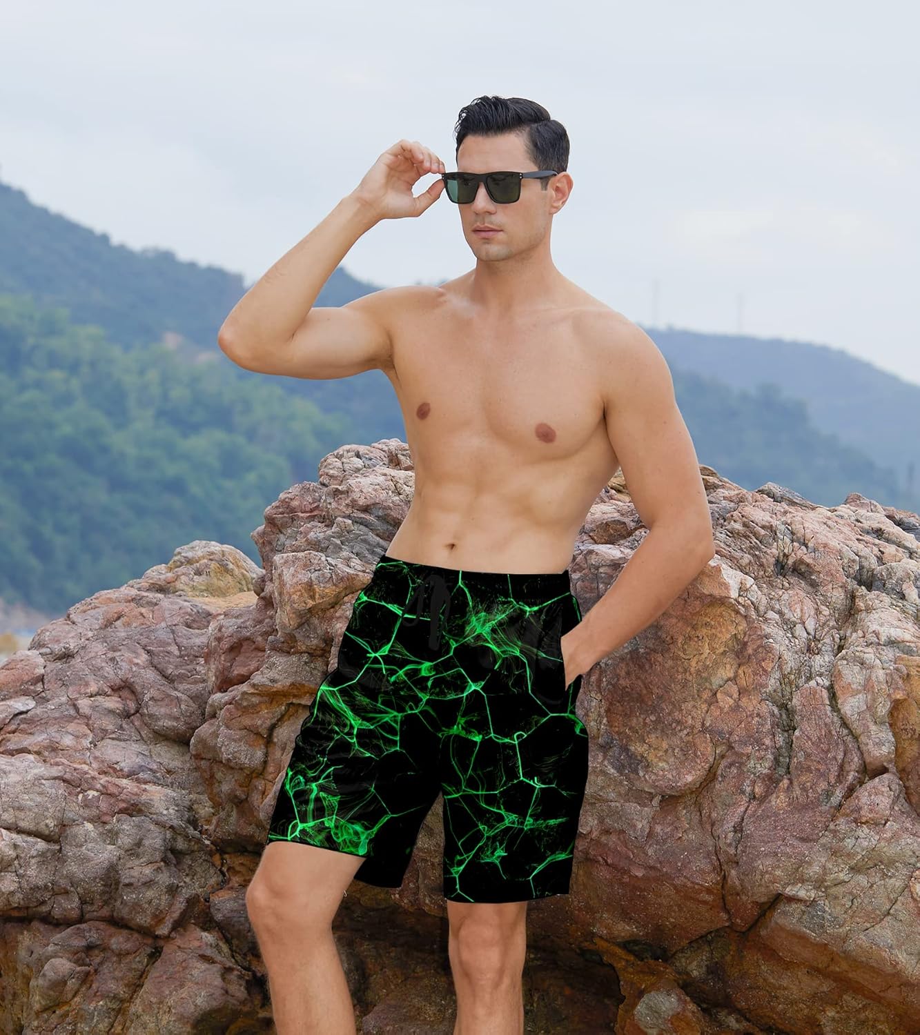 Herren Badehose schnelltrocknend Boardshorts Badeanzug mit Taschen Netzfutter - Bild 71 von 85