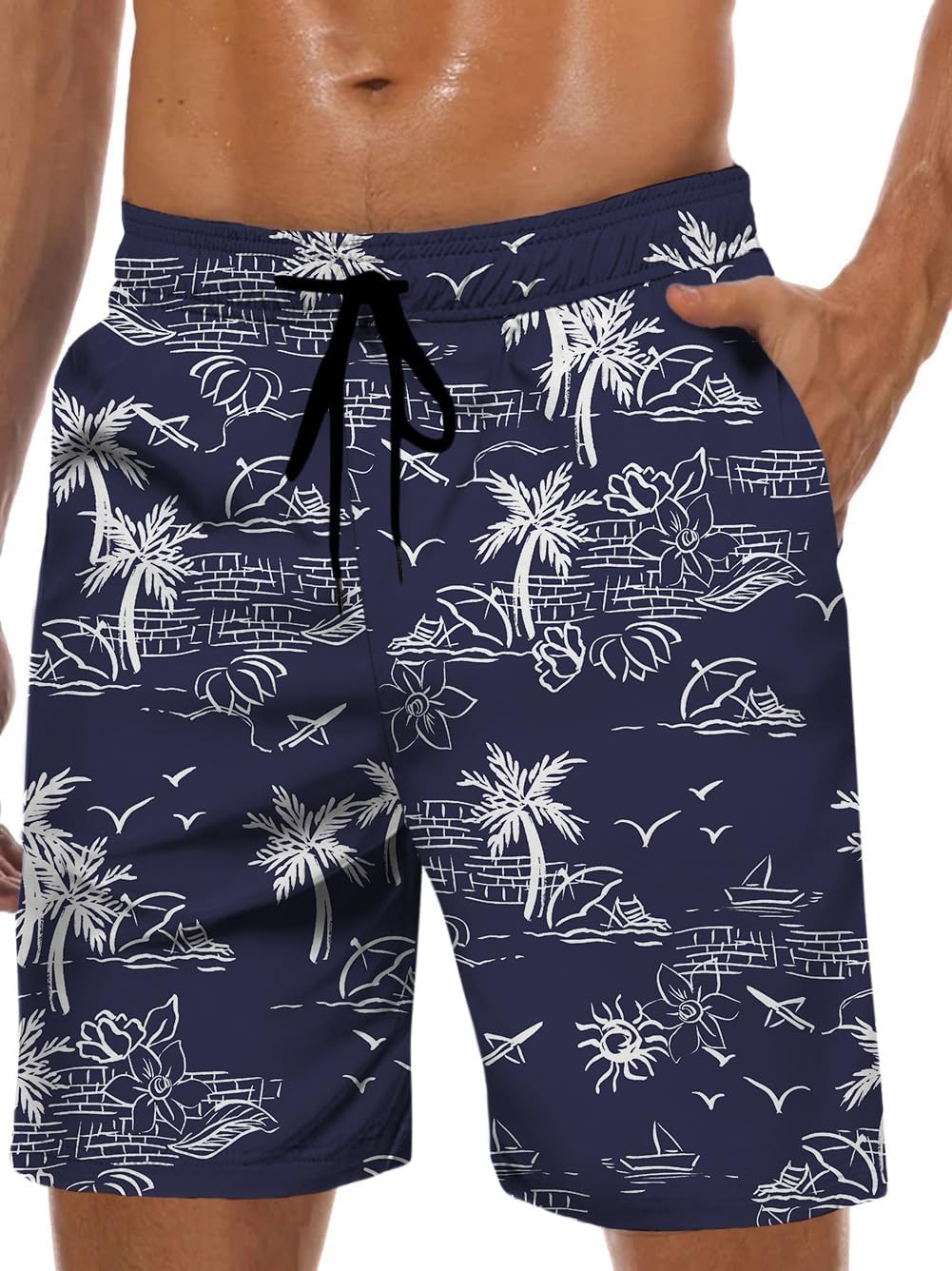 Men's Swim Trunk Hawaiian Mesh Lining Swimsuits Beach Shorts with Pockets - Picture 59 of 138