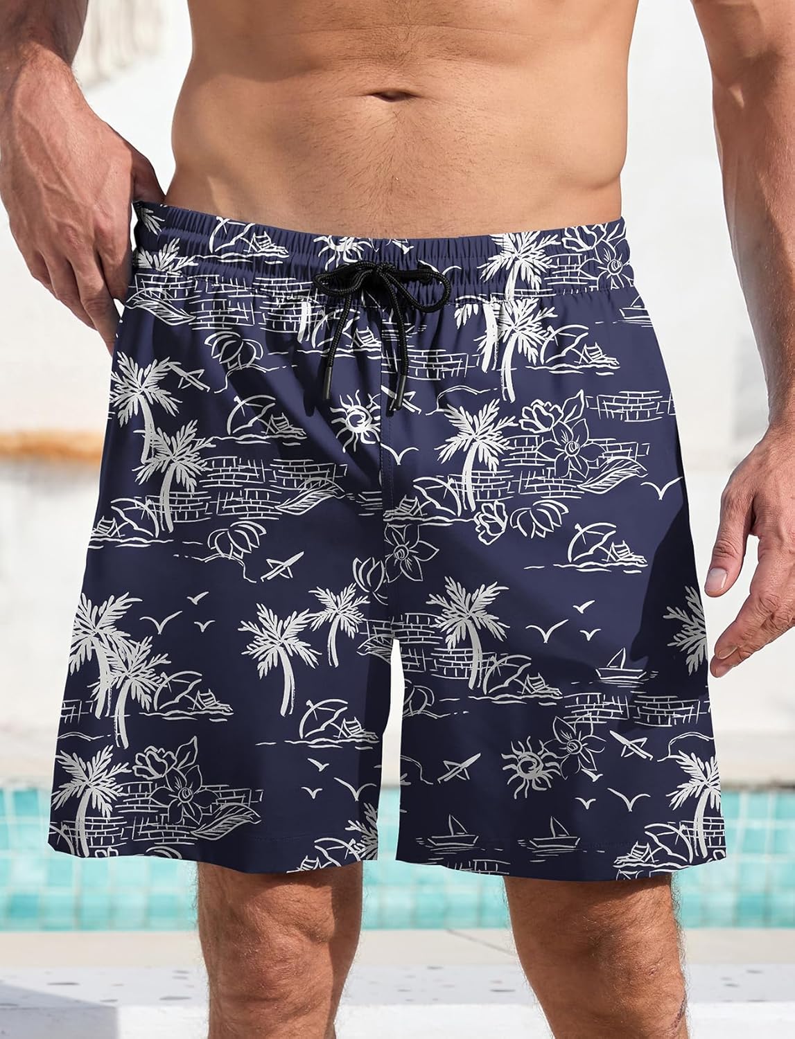 Men's Swim Trunk Hawaiian Mesh Lining Swimsuits Beach Shorts with Pockets - Picture 60 of 138