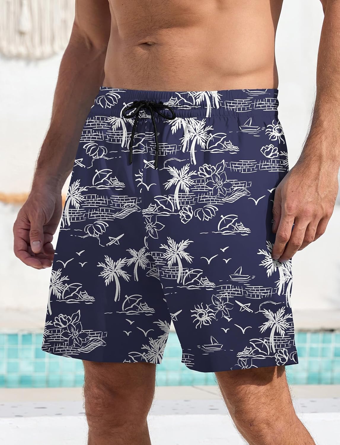 Men's Swim Trunk Hawaiian Mesh Lining Swimsuits Beach Shorts with Pockets - Picture 62 of 138