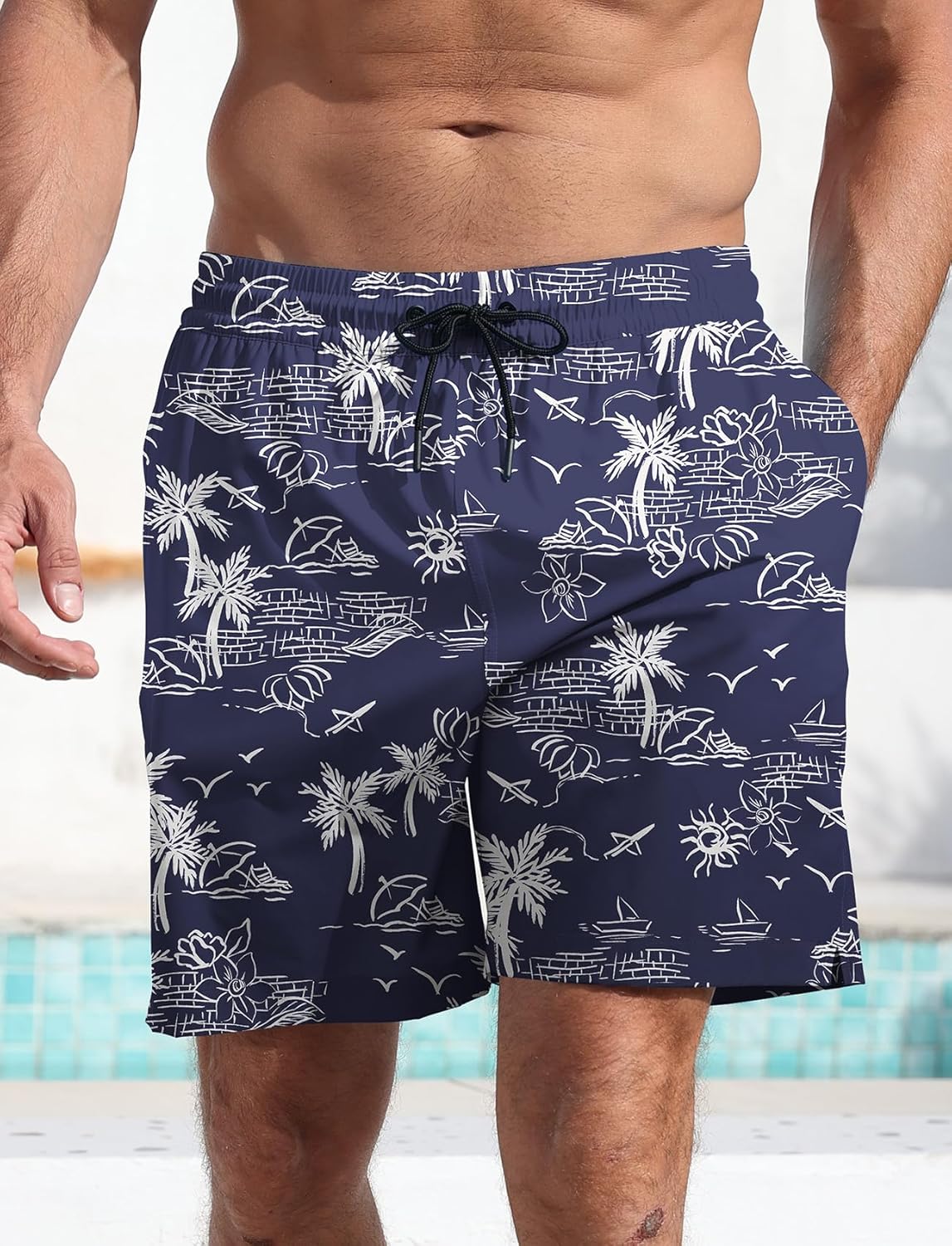 Men's Swim Trunk Hawaiian Mesh Lining Swimsuits Beach Shorts with Pockets - Picture 63 of 138