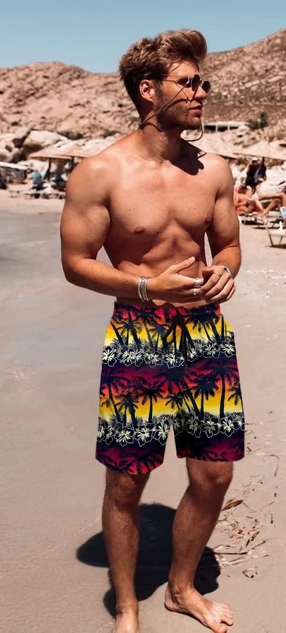 Men's Swim Trunk Hawaiian Mesh Lining Swimsuits Beach Shorts with Pockets - Picture 102 of 138