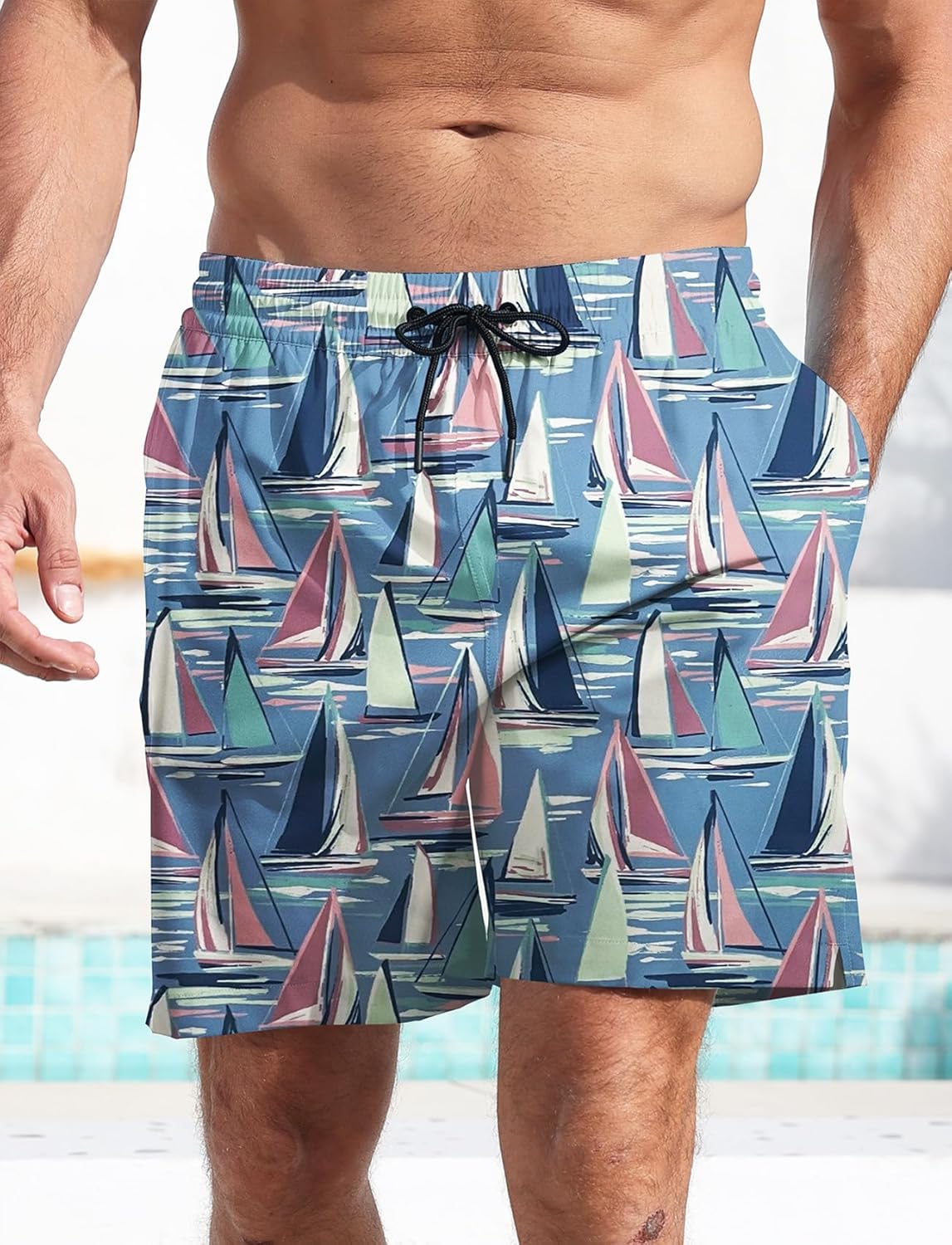 Men's Swim Trunk Hawaiian Mesh Lining Swimsuits Beach Shorts with Pockets - Picture 127 of 138