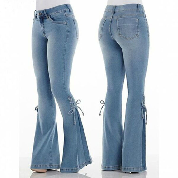 Retro Damen Bowknot Schlagjeans Schlaghose Jeanshose Damenhose Stretch - Bild 10 von 12