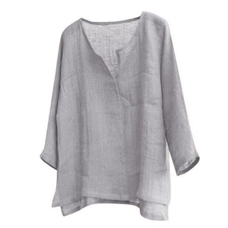 Men's Cotton Linen Breathable Shirt V Neck Long Sleeve Casual Loose Top Summer - Picture 10 of 13