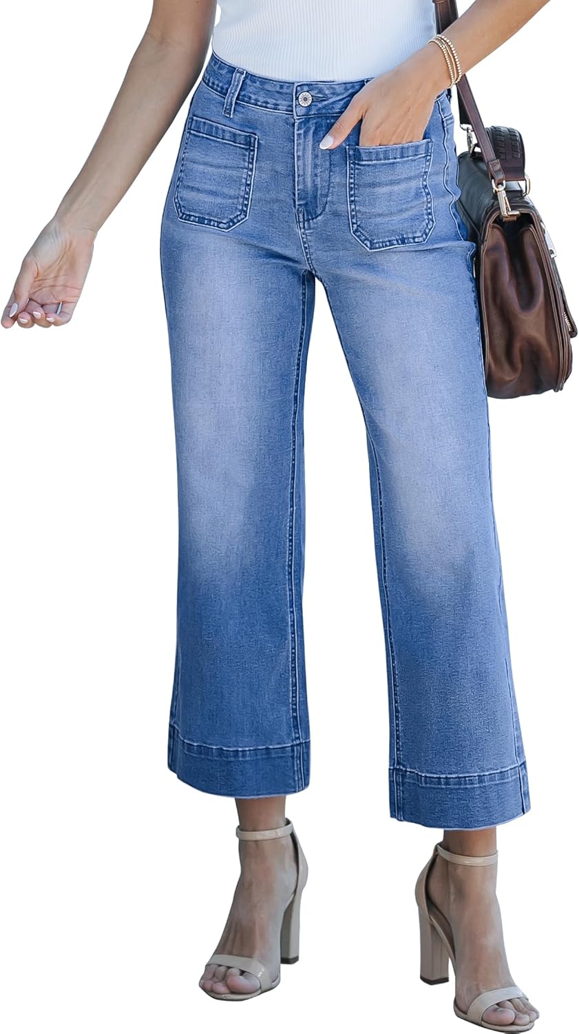 Trendige Damen High Waist Schlag Jeans Stretchy Cropped Wide Leg Denim Hose - Bild 25 von 146