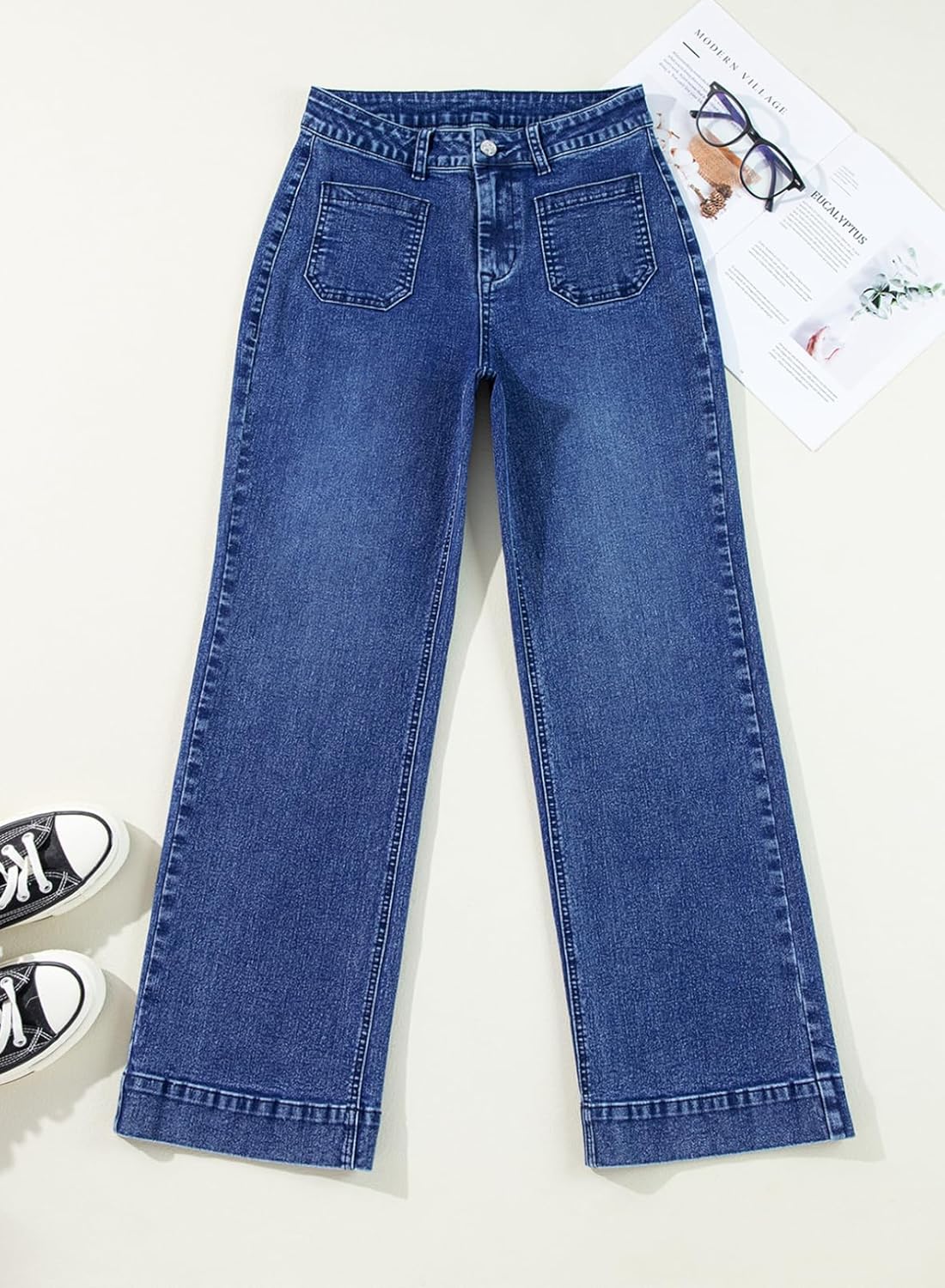 Damen High Waist Wide Leg Jeans Stretchy Straight Leg Denim Hose mit Tasche - Bild 32 von 80