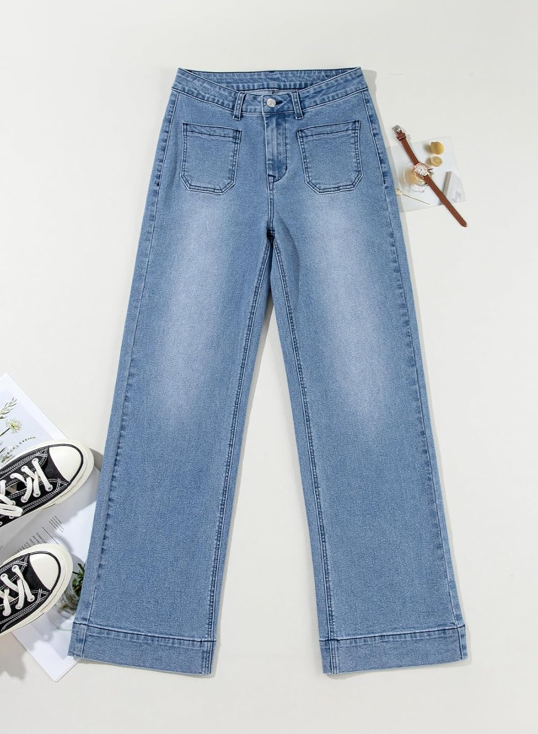 Damen High Waist Wide Leg Jeans Stretchy Straight Leg Denim Hose mit Tasche - Bild 36 von 80
