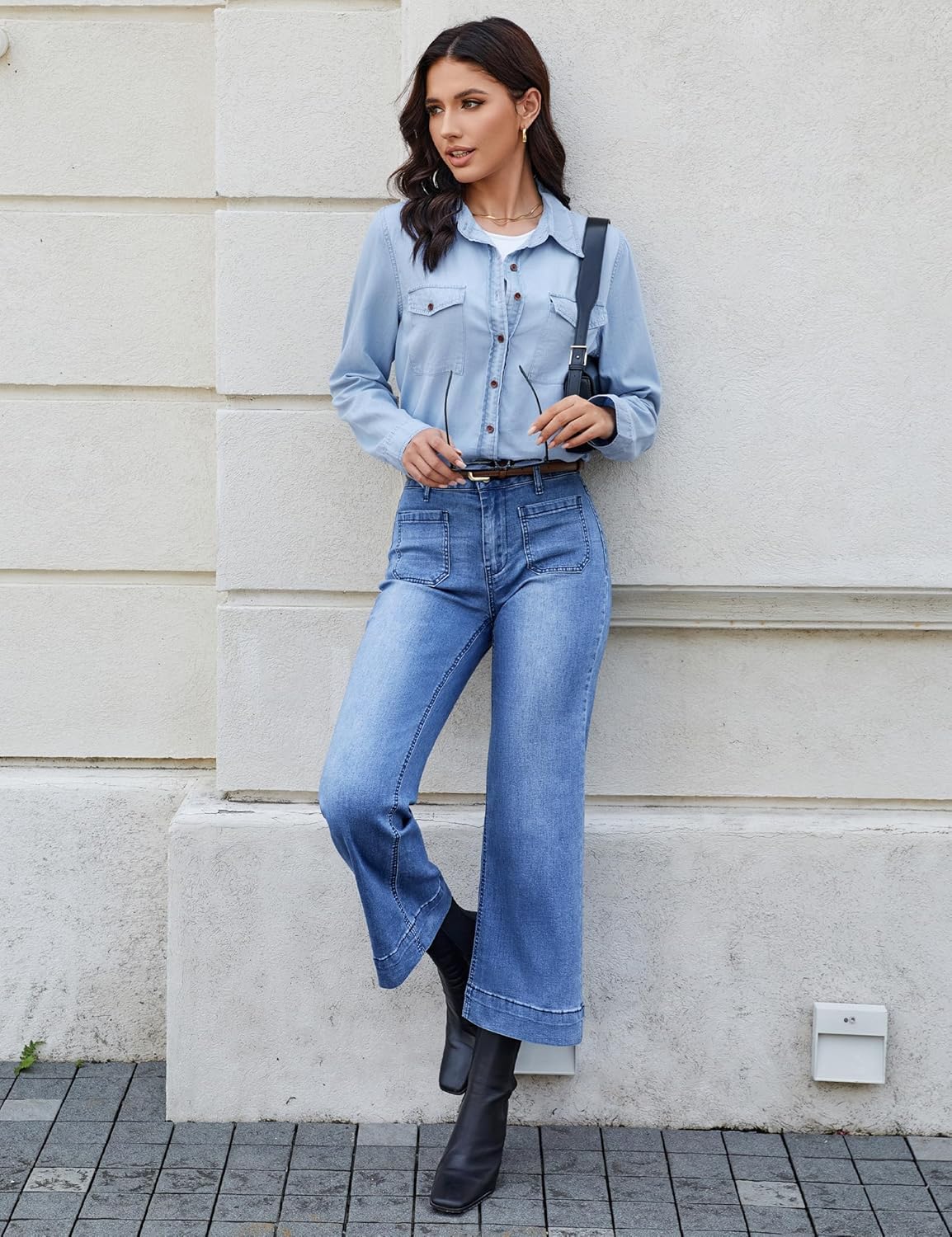 Trendige Damen High Waist Schlag Jeans Stretchy Cropped Wide Leg Denim Hose - Bild 28 von 146