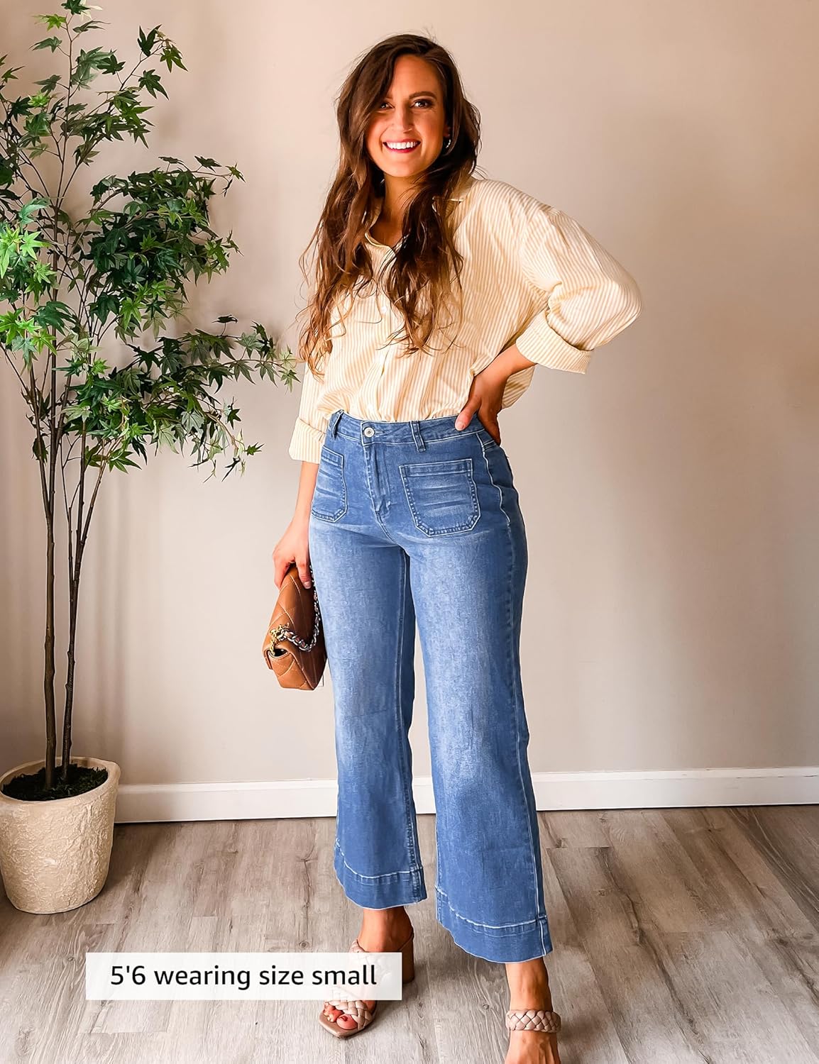 Trendige Damen High Waist Schlag Jeans Stretchy Cropped Wide Leg Denim Hose - Bild 31 von 146