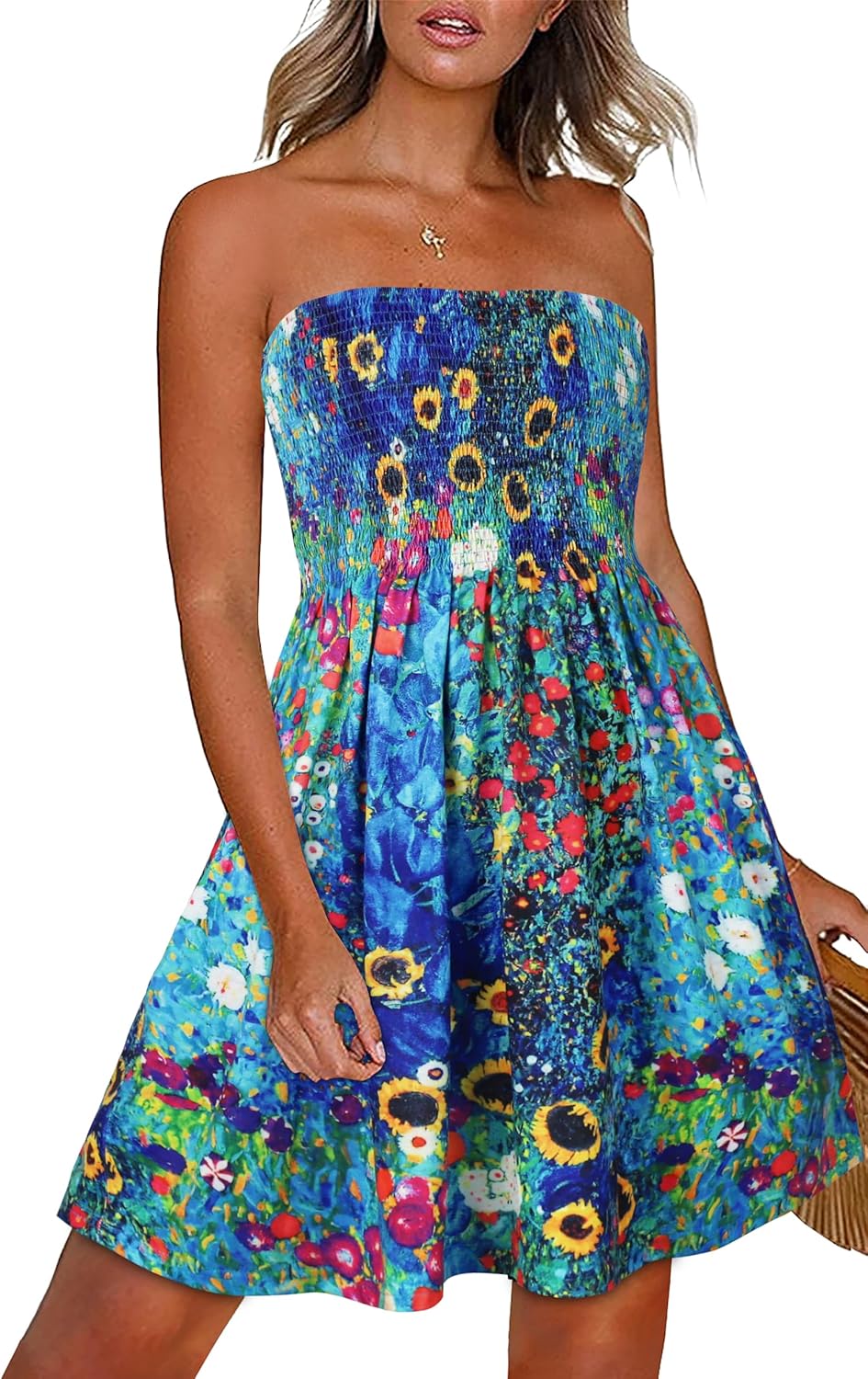 Summer Dresses for Women Beach Cover Ups Strapless Boho Floral Print Sundress - Picture 213 of 248