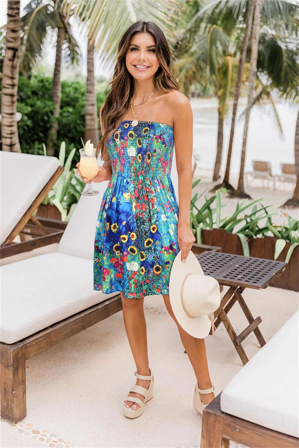 Summer Dresses for Women Beach Cover Ups Strapless Boho Floral Print Sundress - Picture 218 of 248