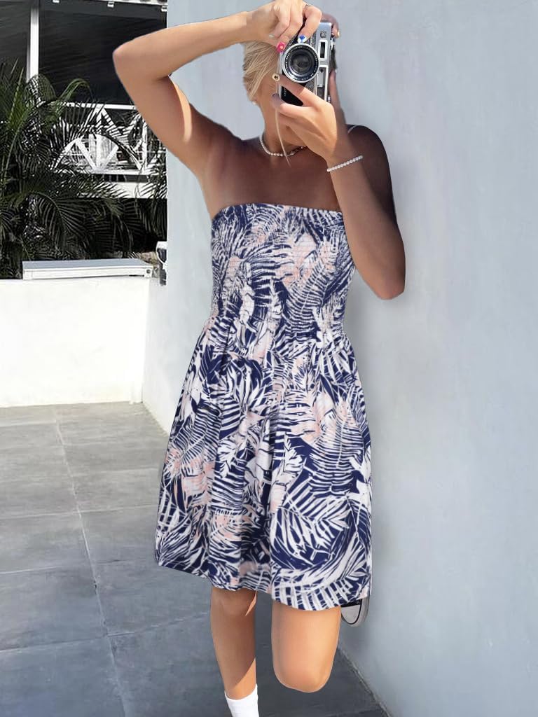 Summer Dresses for Women Beach Cover Ups Strapless Boho Floral Print Sundress - Picture 26 of 248