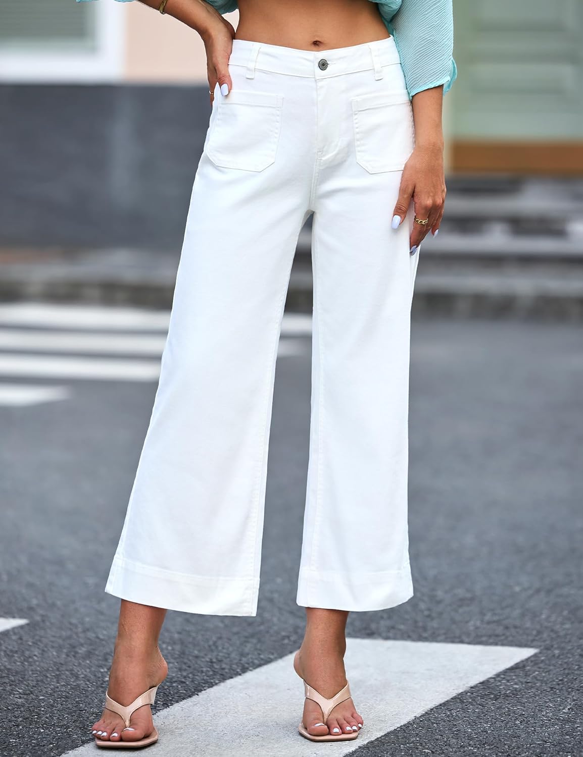 Trendige Damen High Waist Schlag Jeans Stretchy Cropped Wide Leg Denim Hose - Bild 38 von 146