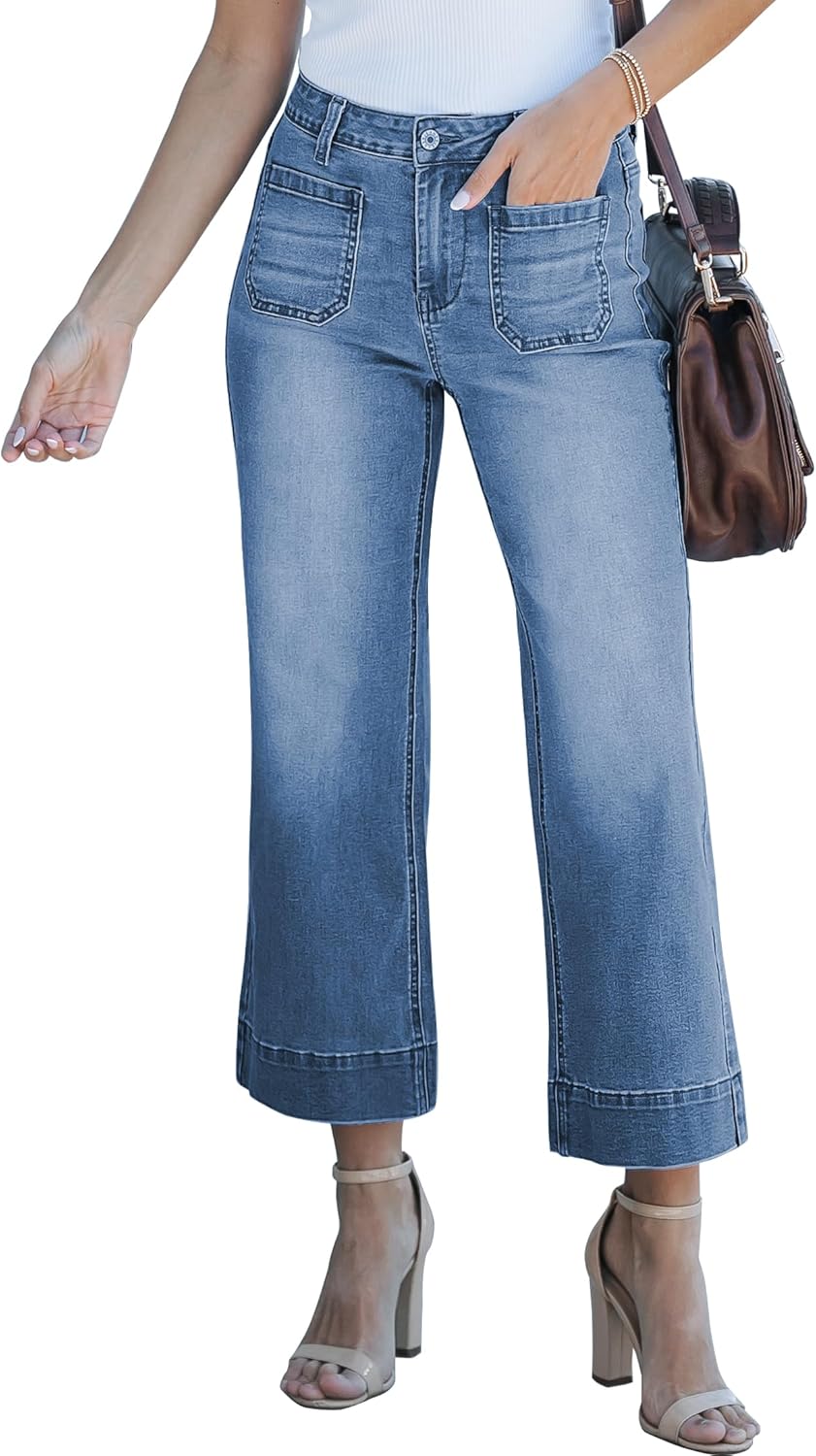 Trendige Damen High Waist Schlag Jeans Stretchy Cropped Wide Leg Denim Hose - Bild 39 von 146