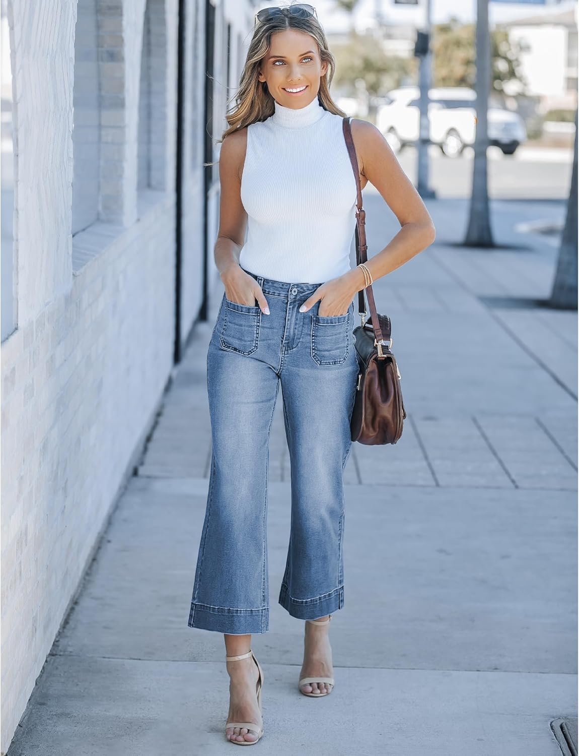 Trendige Damen High Waist Schlag Jeans Stretchy Cropped Wide Leg Denim Hose - Bild 46 von 146