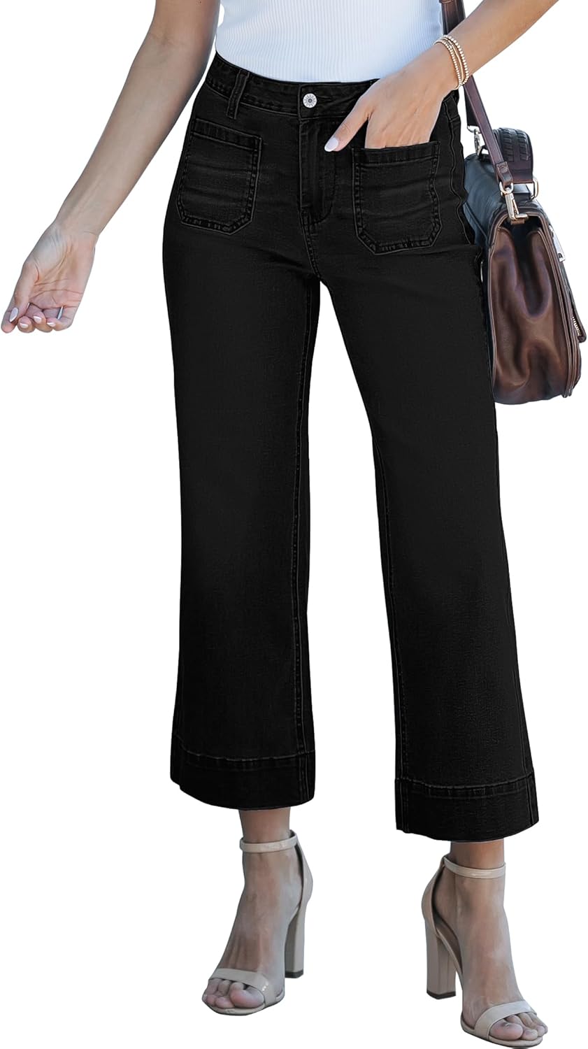 Trendige Damen High Waist Schlag Jeans Stretchy Cropped Wide Leg Denim Hose - Bild 47 von 146