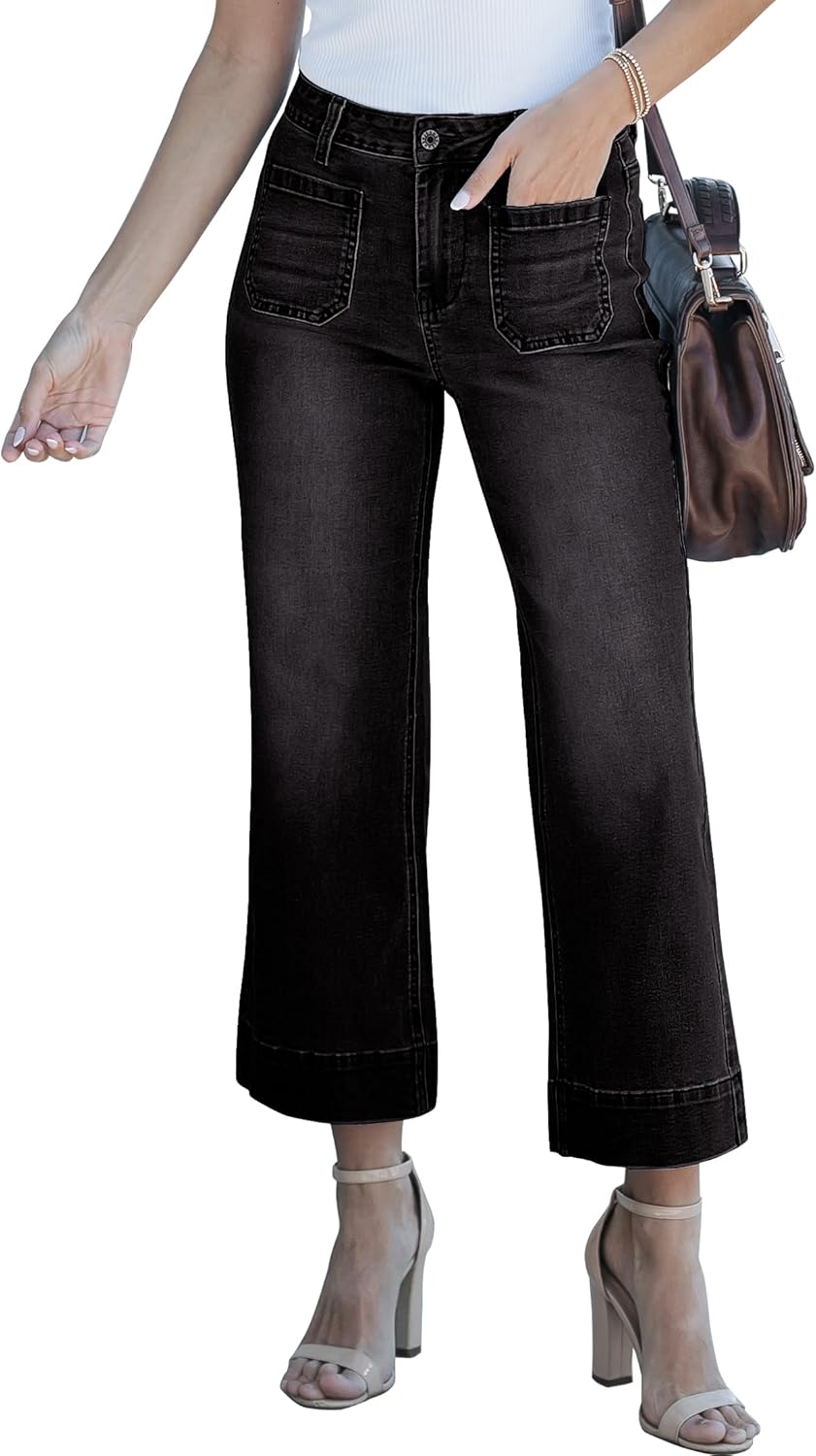 Trendige Damen High Waist Schlag Jeans Stretchy Cropped Wide Leg Denim Hose - Bild 54 von 146