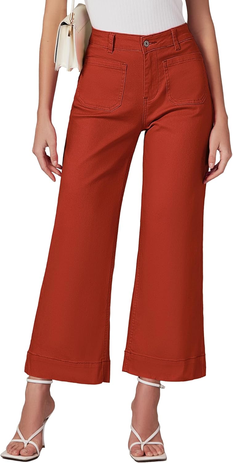 Trendige Damen High Waist Schlag Jeans Stretchy Cropped Wide Leg Denim Hose - Bild 61 von 146
