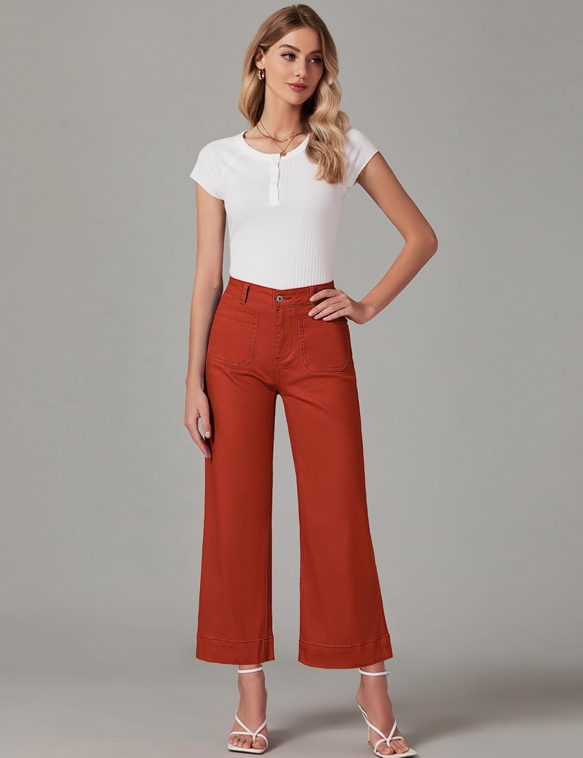 Trendige Damen High Waist Schlag Jeans Stretchy Cropped Wide Leg Denim Hose - Bild 65 von 146