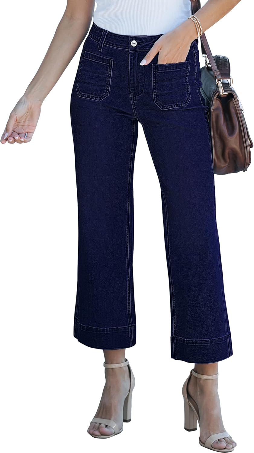 Trendige Damen High Waist Schlag Jeans Stretchy Cropped Wide Leg Denim Hose - Bild 68 von 146