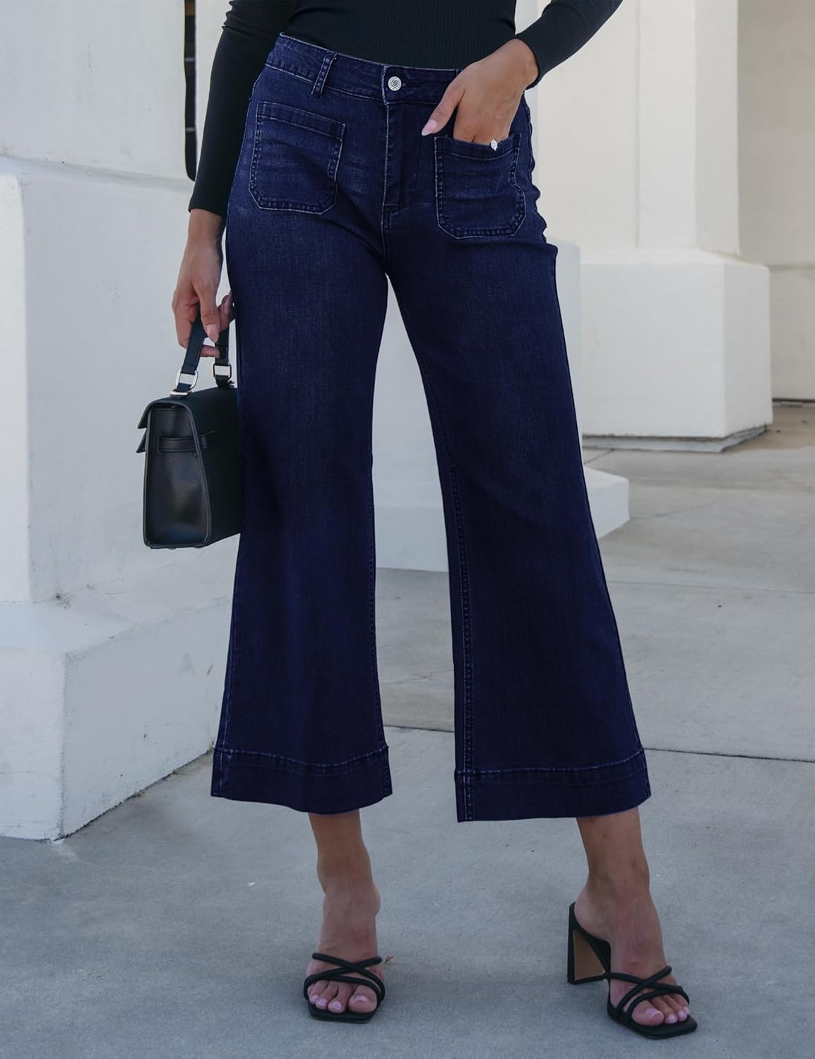 Trendige Damen High Waist Schlag Jeans Stretchy Cropped Wide Leg Denim Hose - Bild 70 von 146