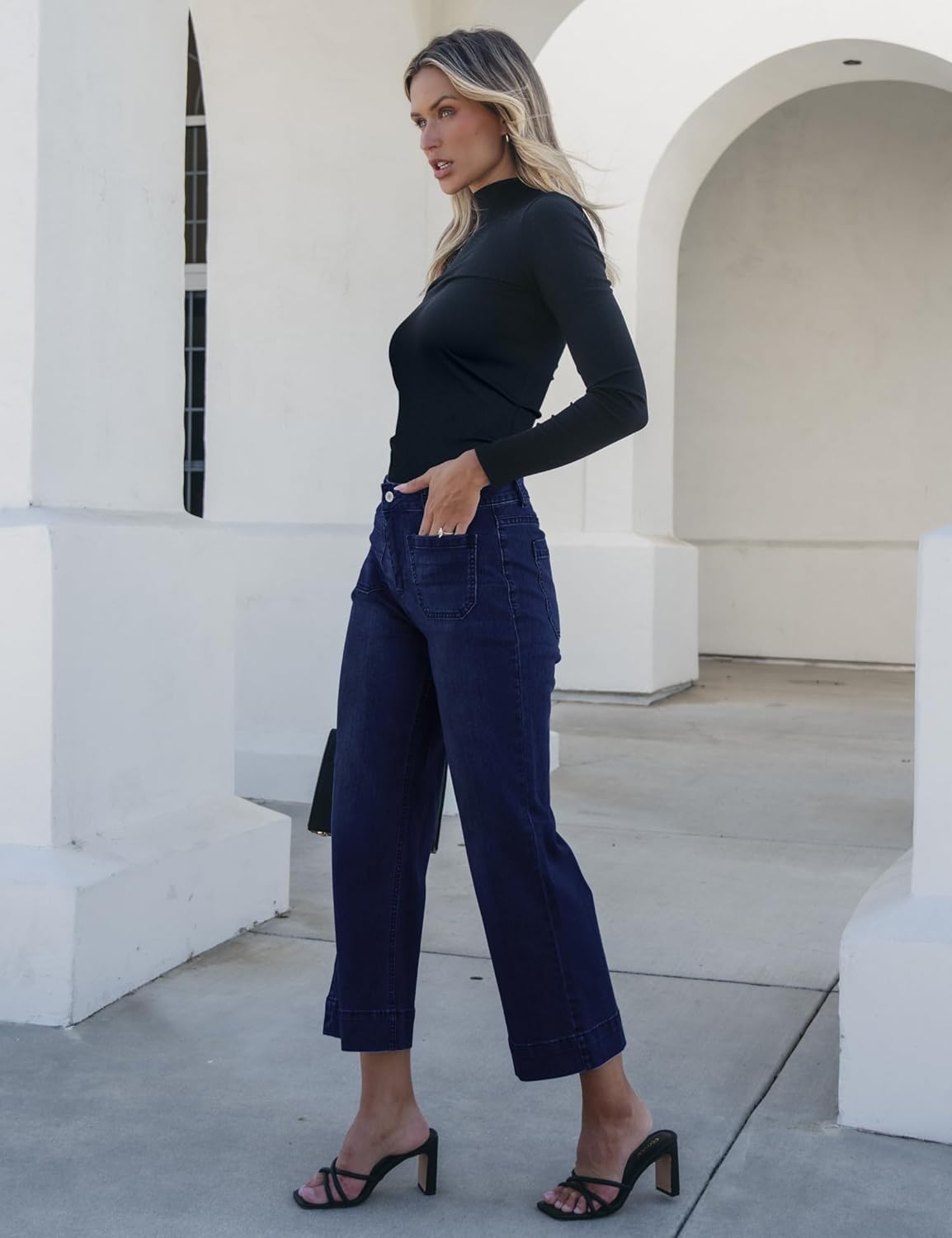 Trendige Damen High Waist Schlag Jeans Stretchy Cropped Wide Leg Denim Hose - Bild 71 von 146