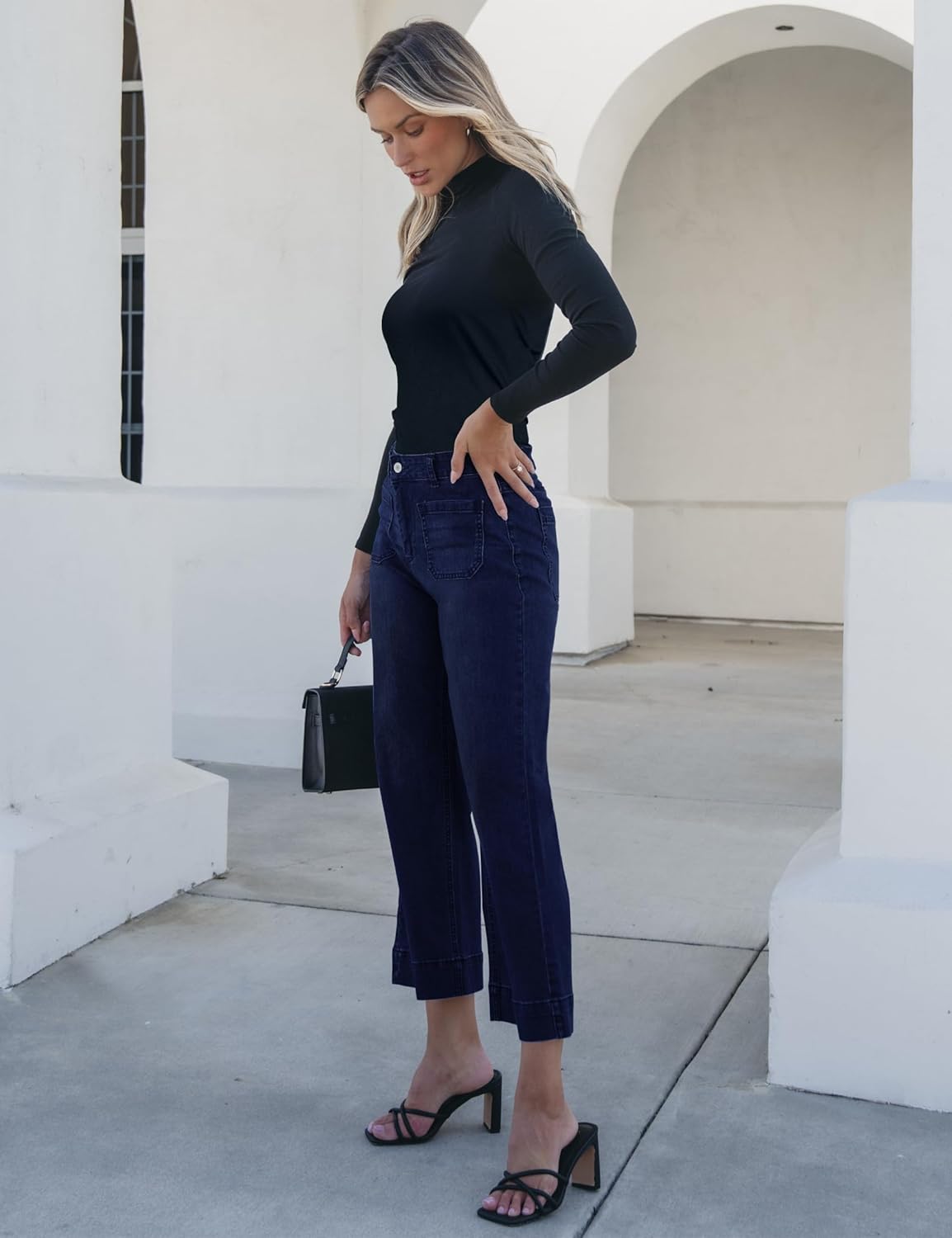 Trendige Damen High Waist Schlag Jeans Stretchy Cropped Wide Leg Denim Hose - Bild 72 von 146