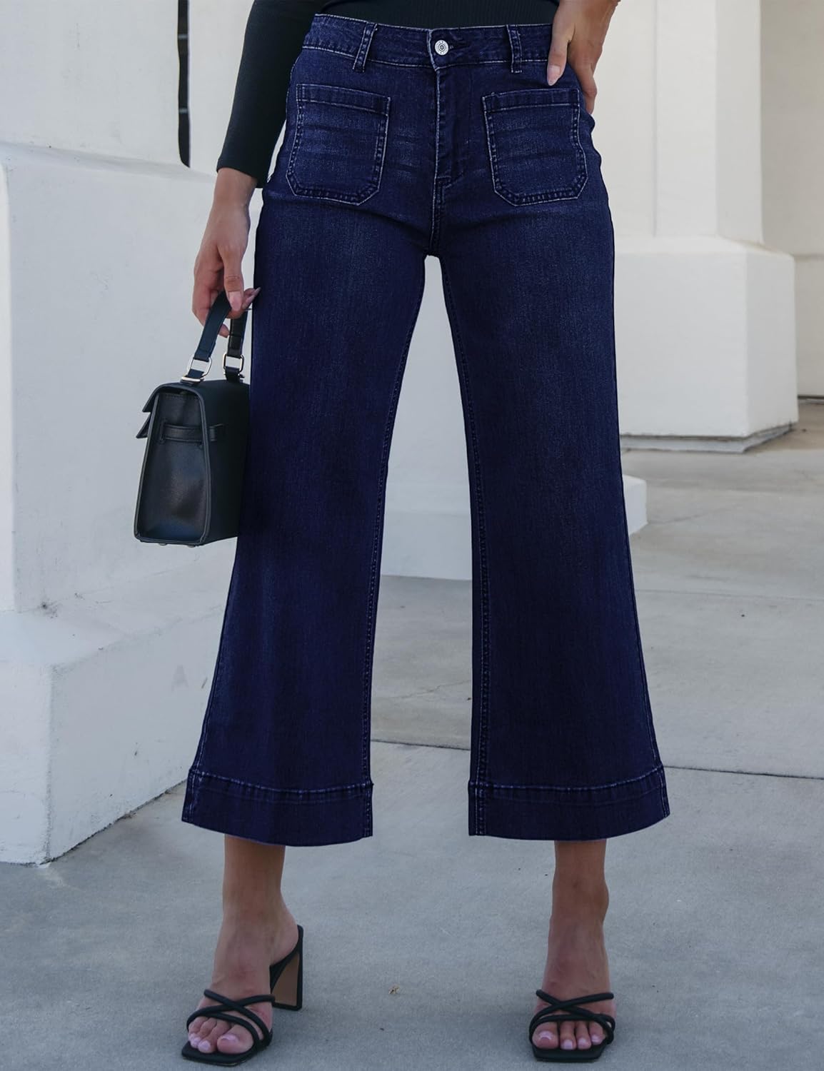 Trendige Damen High Waist Schlag Jeans Stretchy Cropped Wide Leg Denim Hose - Bild 75 von 146